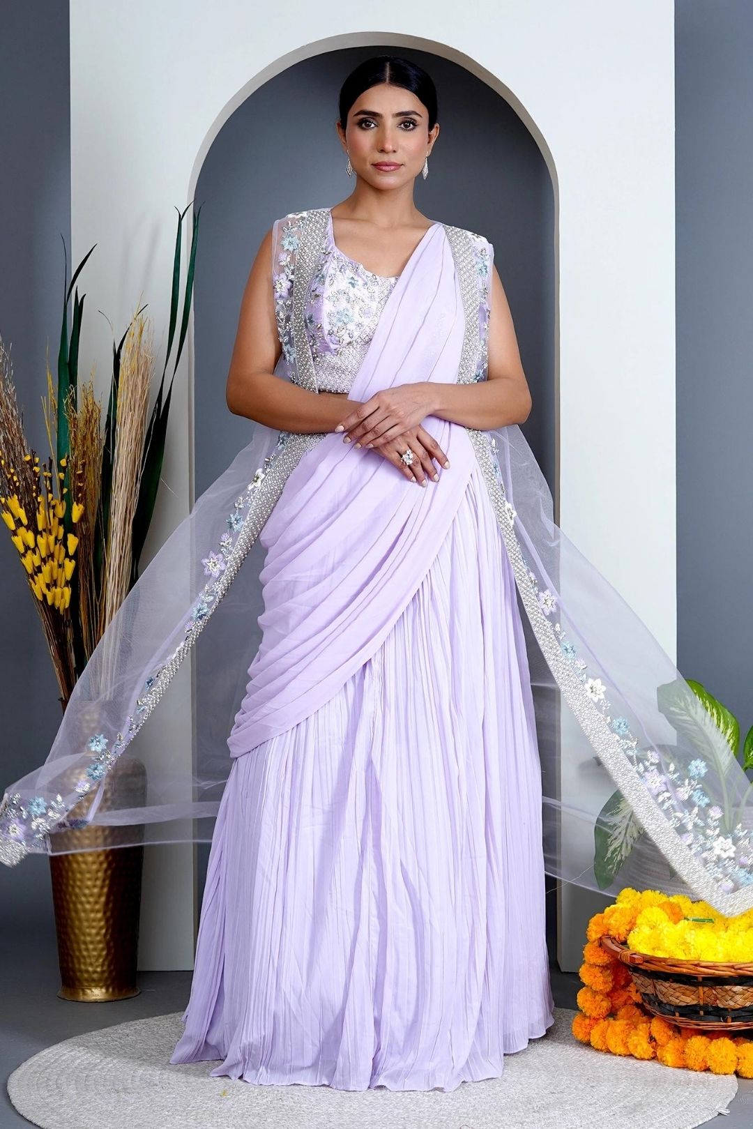 Lavender Georgette Draped Jacket Saree Set