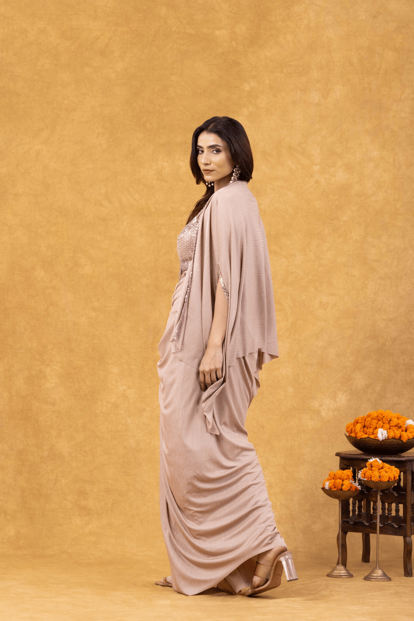 Rose Gold Shimmer Draped with Sequined Bustier & Cape