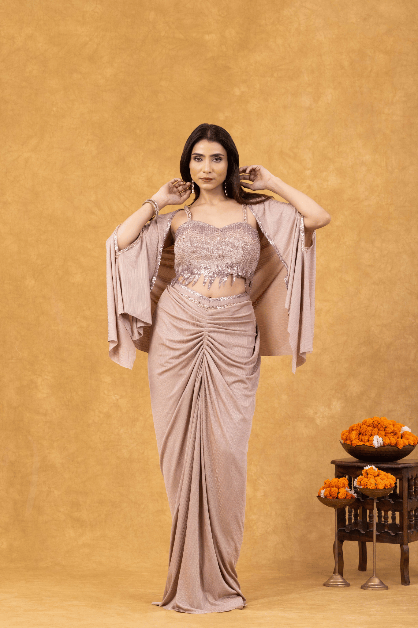 Rose Gold Shimmer Draped with Sequined Bustier & Cape