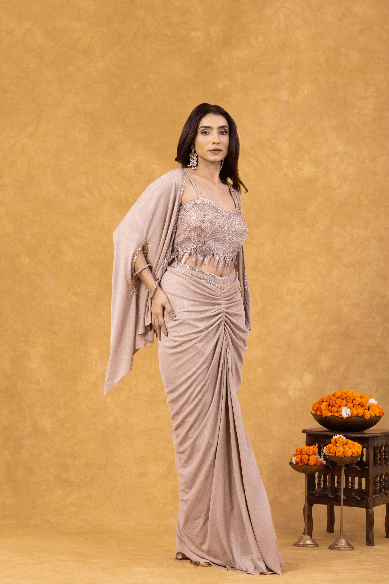 Rose Gold Shimmer Draped with Sequined Bustier & Cape