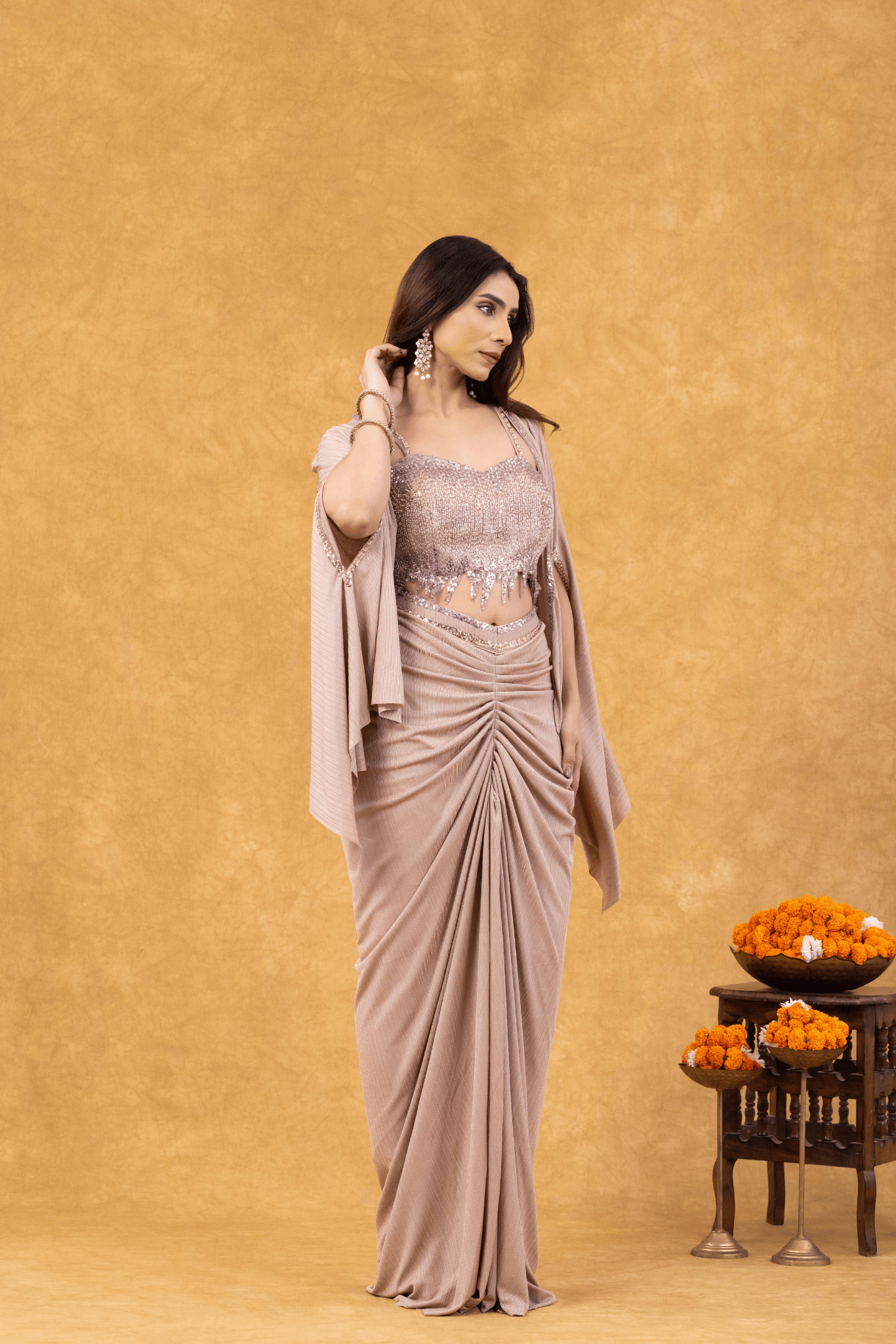 Rose Gold Shimmer Draped with Sequined Bustier & Cape