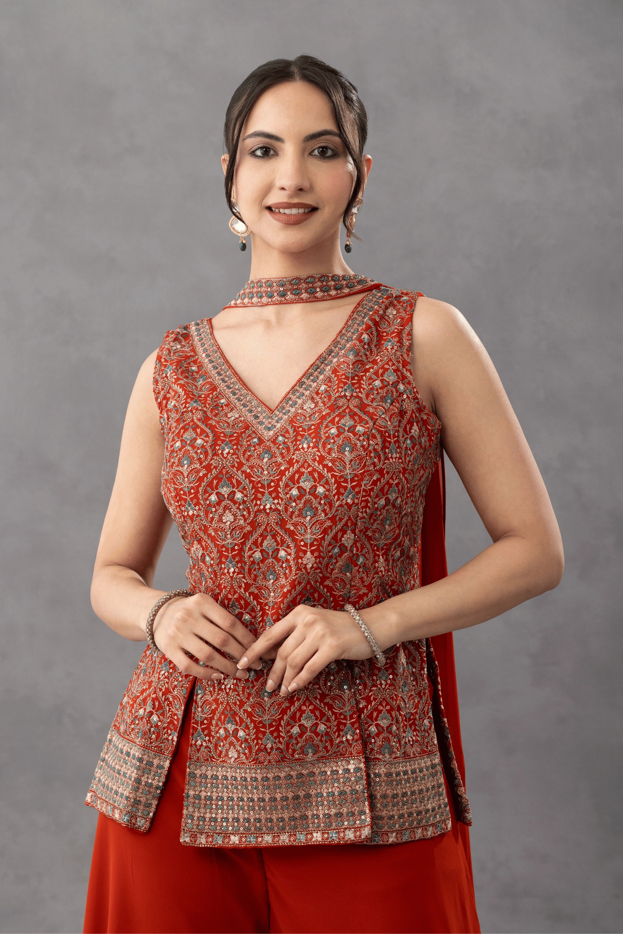 Rust Embroidered Top with Palazzo Pants