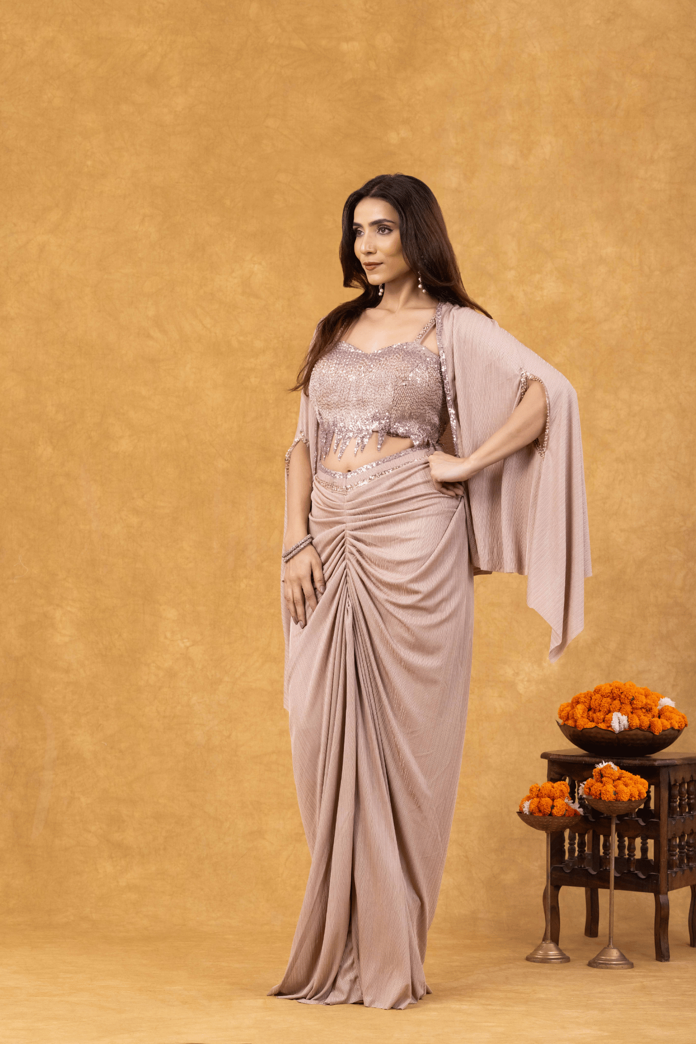 Rose Gold Shimmer Draped with Sequined Bustier & Cape