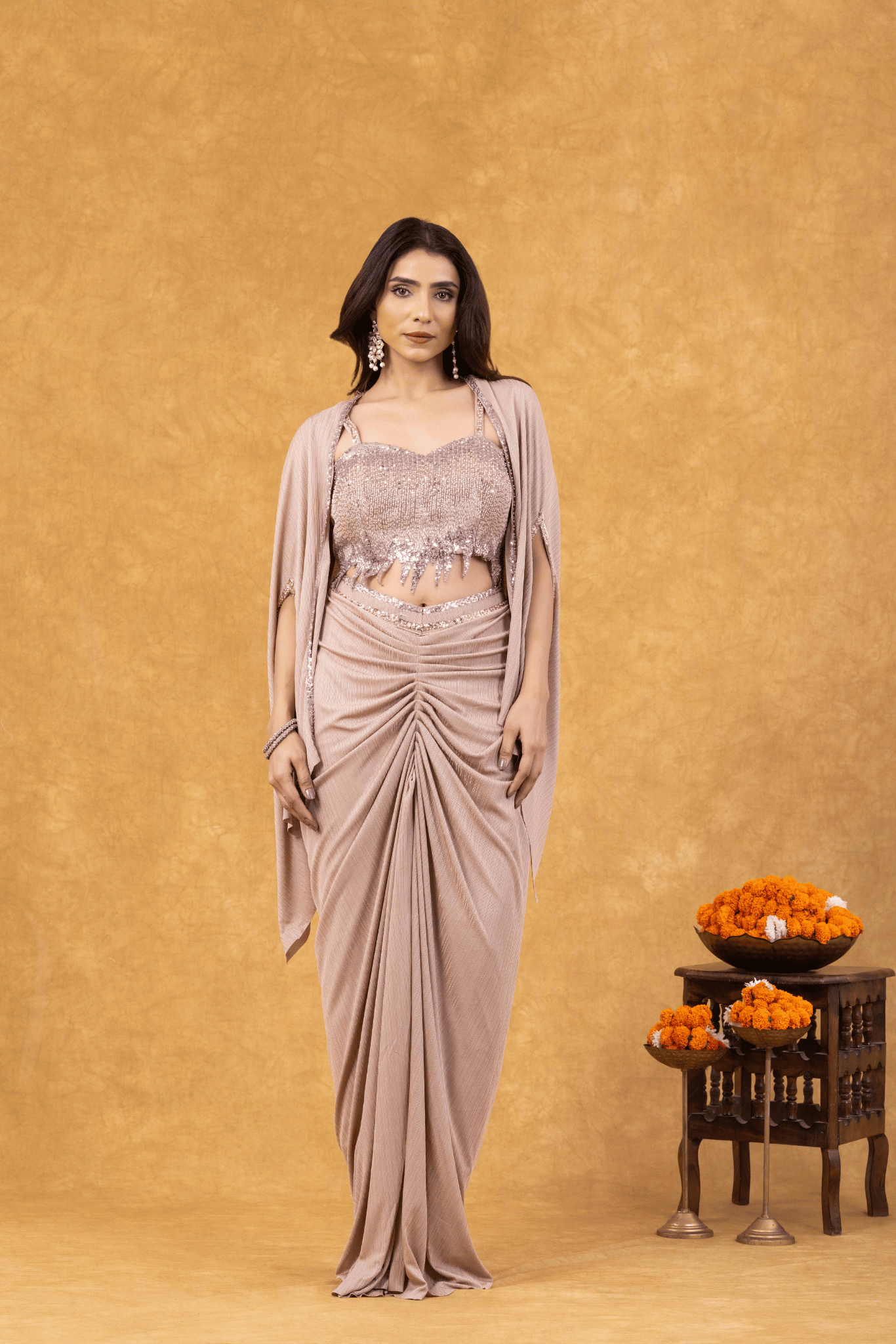 Rose Gold Shimmer Draped with Sequined Bustier & Cape