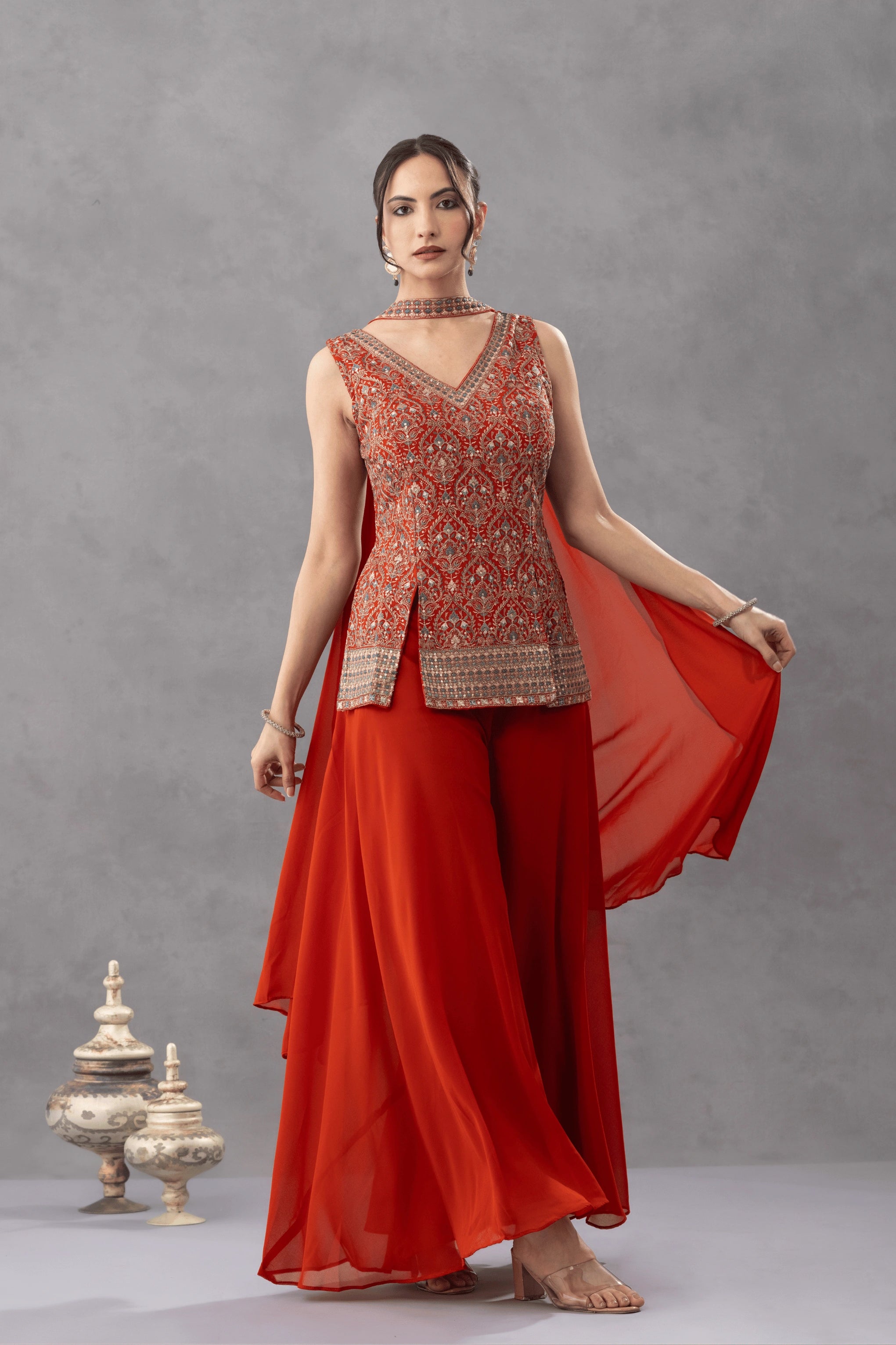 Rust Embroidered Top with Palazzo Pants