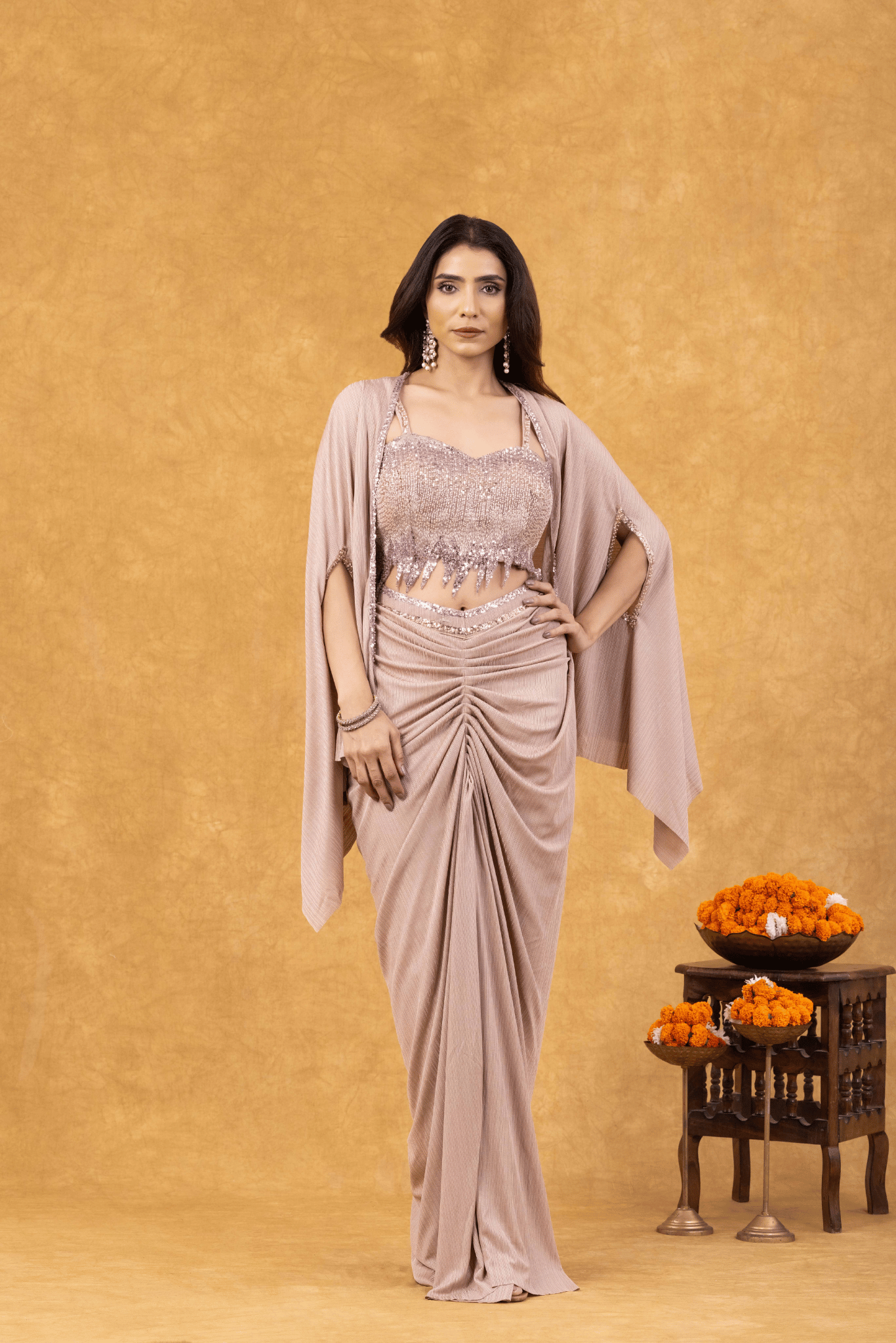 Rose Gold Shimmer Draped with Sequined Bustier & Cape