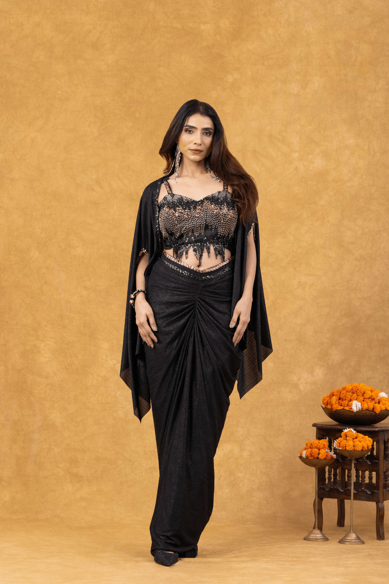 Black Mist Draped with Sequined Bustier & Cape