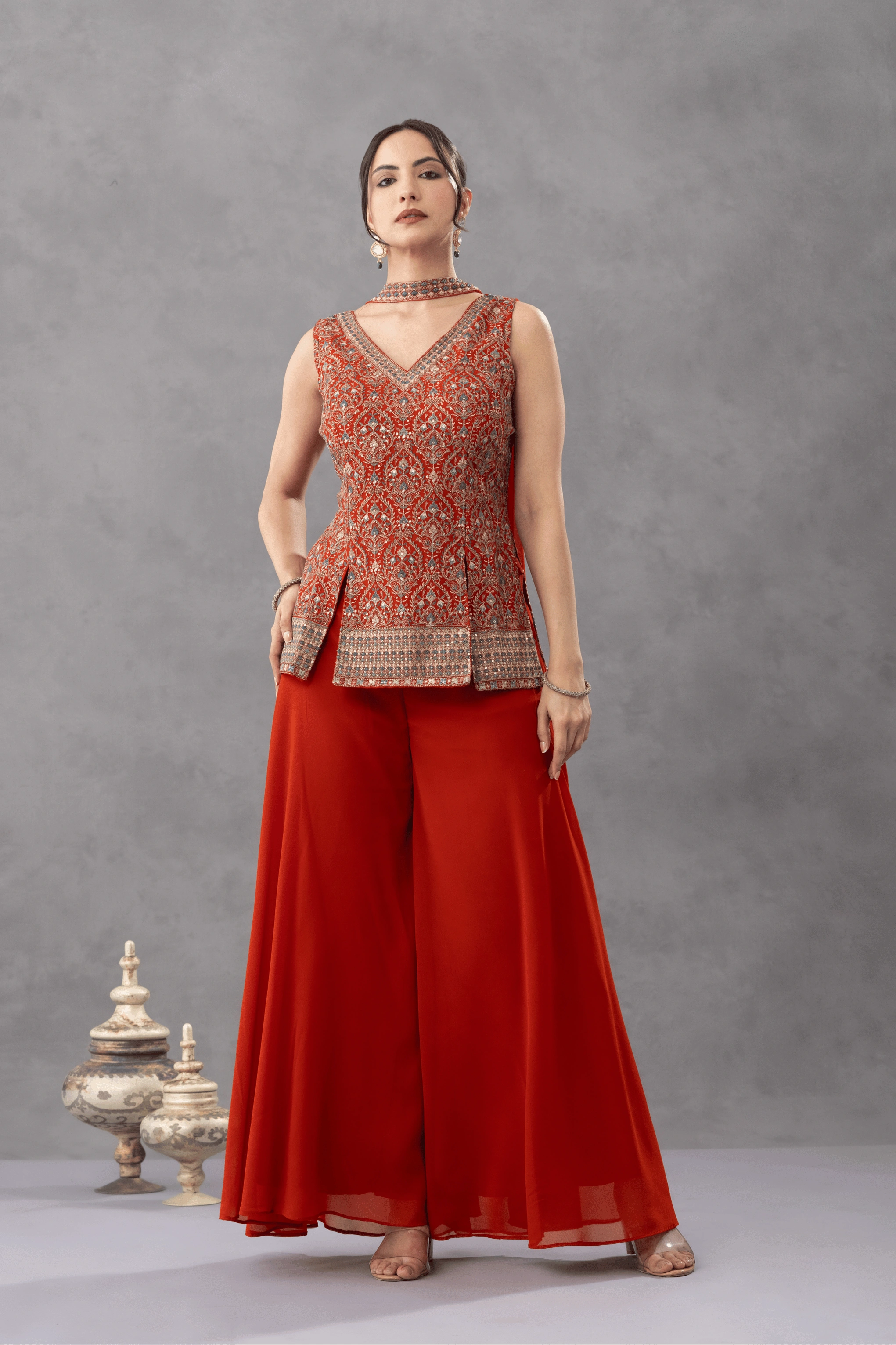 Rust Embroidered Top with Palazzo Pants