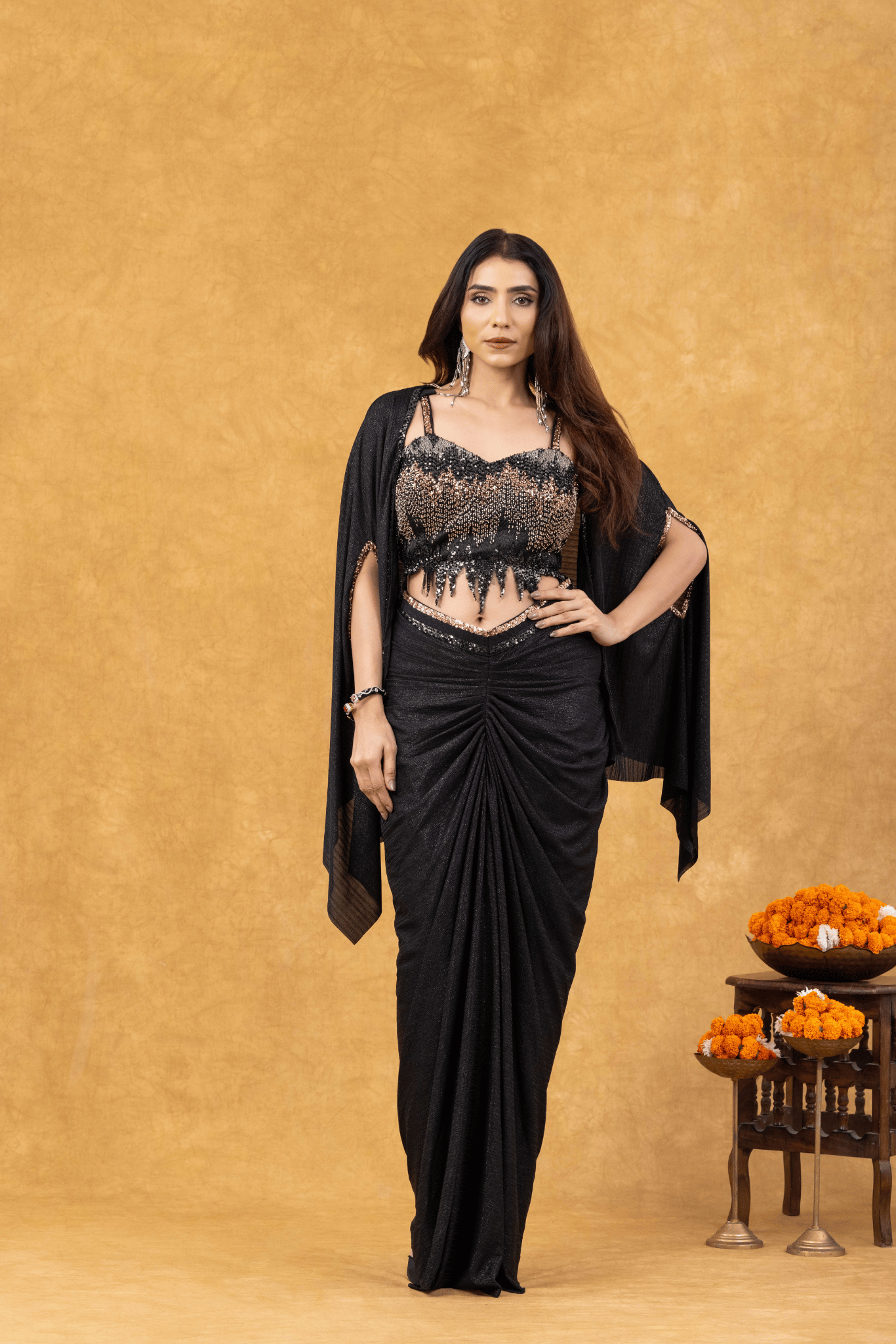 Black Mist Draped with Sequined Bustier & Cape