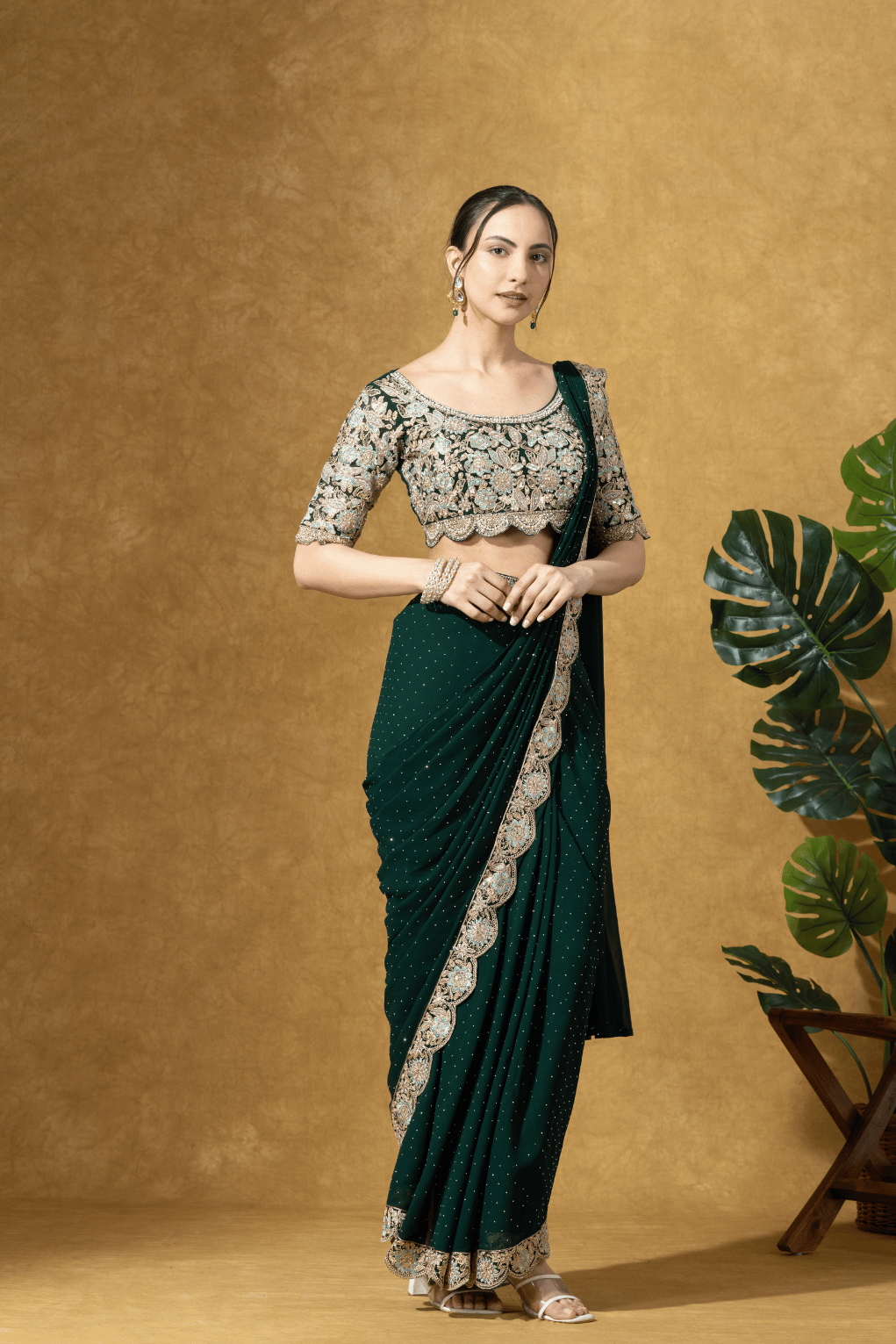 Bottle Green Embroidered Drape Saree Set