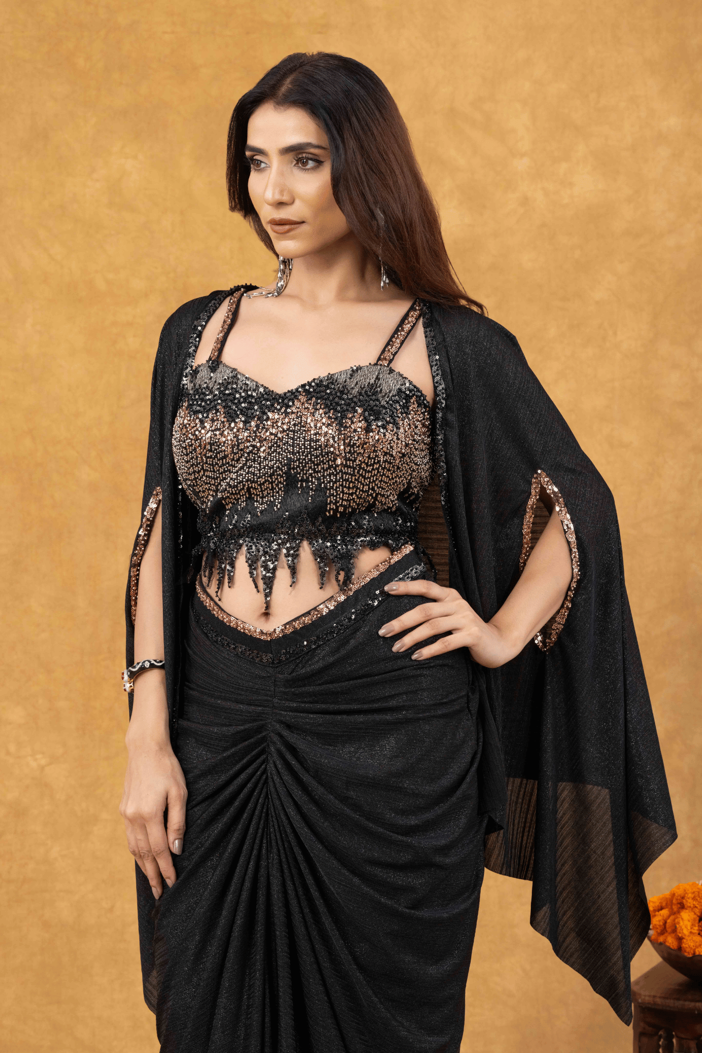 Black Mist Draped with Sequined Bustier & Cape