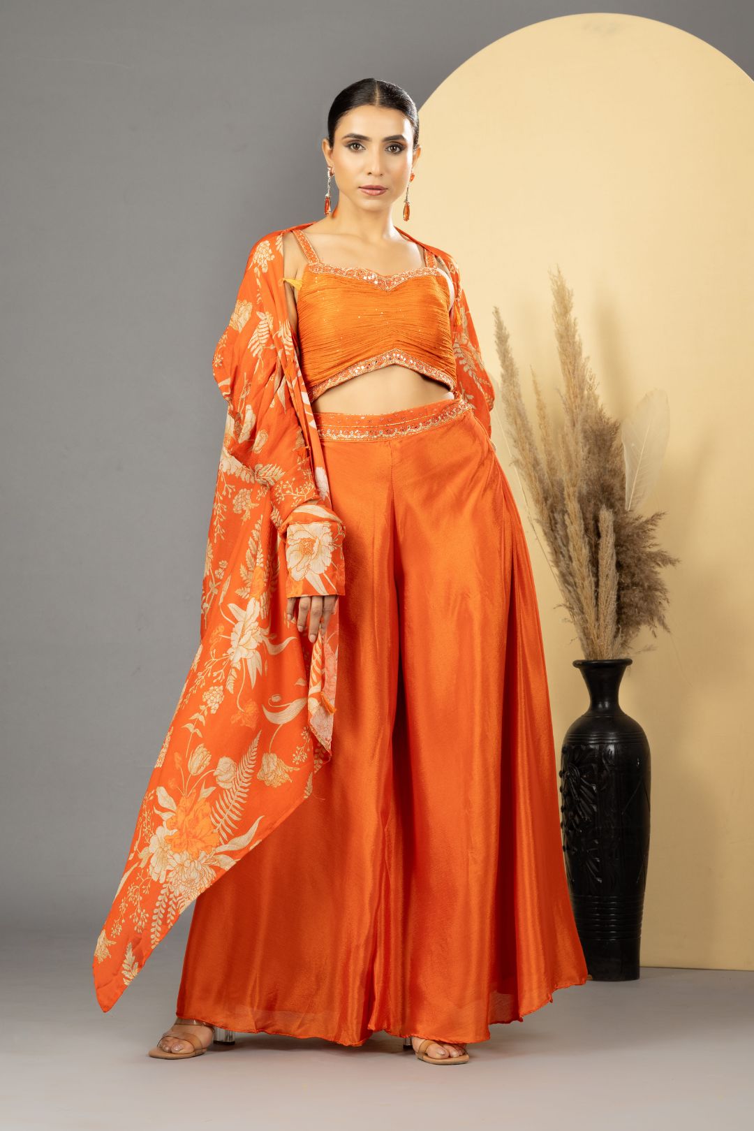 Orange Sharara with Full Sleeves Cape Set