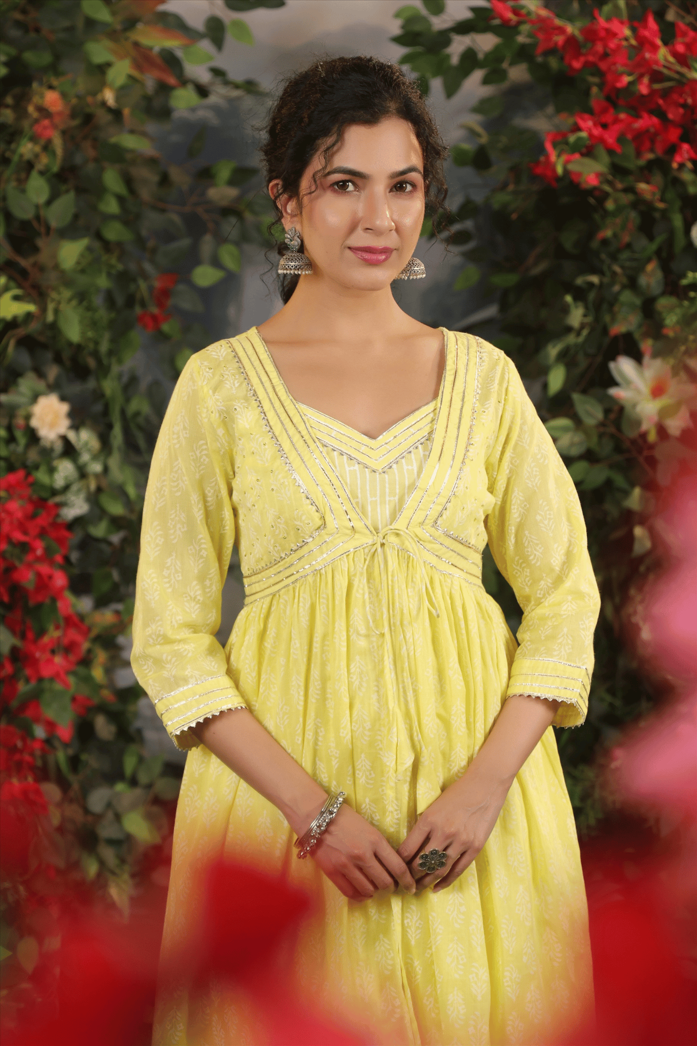 Yellow Hand Block Cotton Kurta Set With Shrug