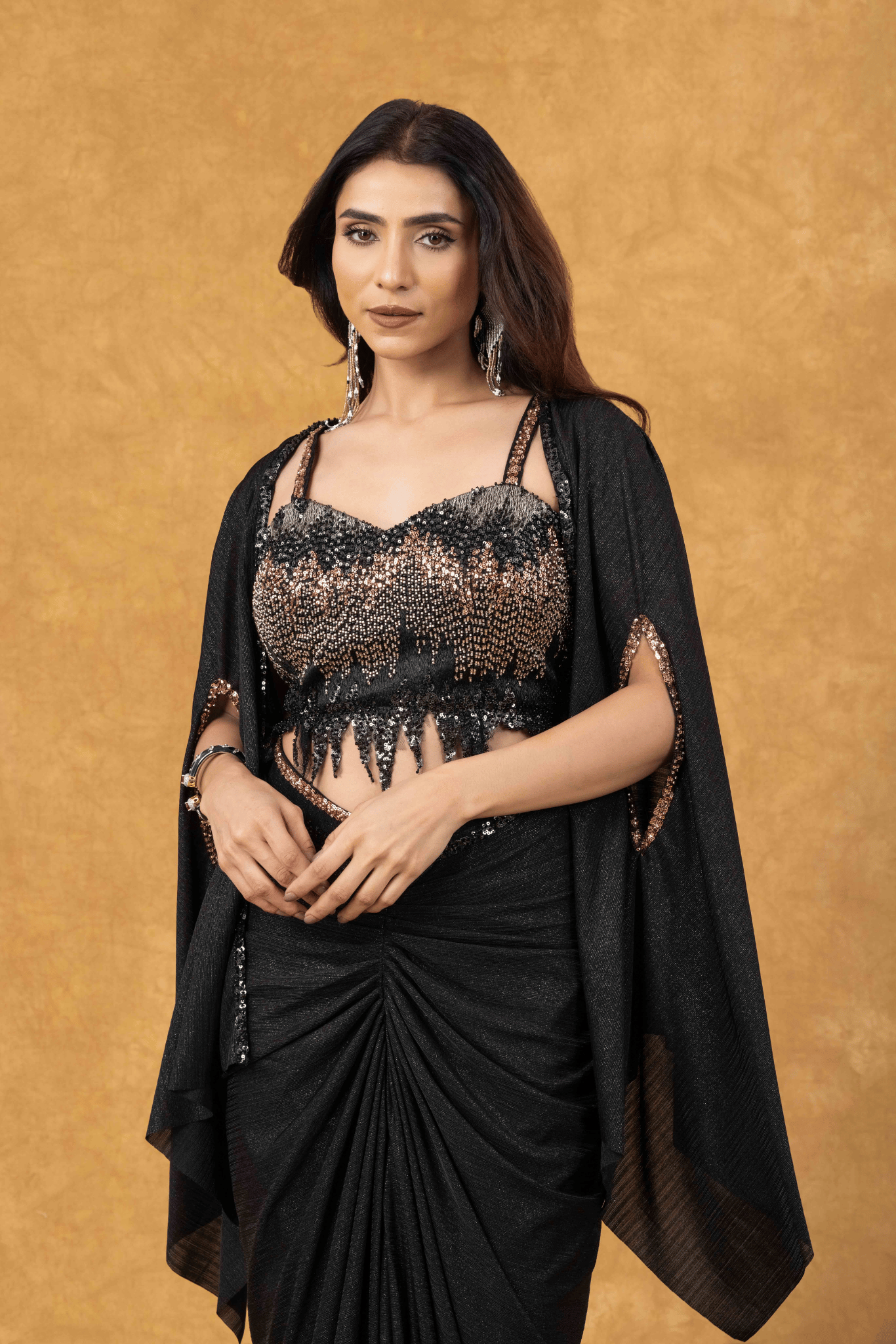 Black Mist Draped with Sequined Bustier & Cape