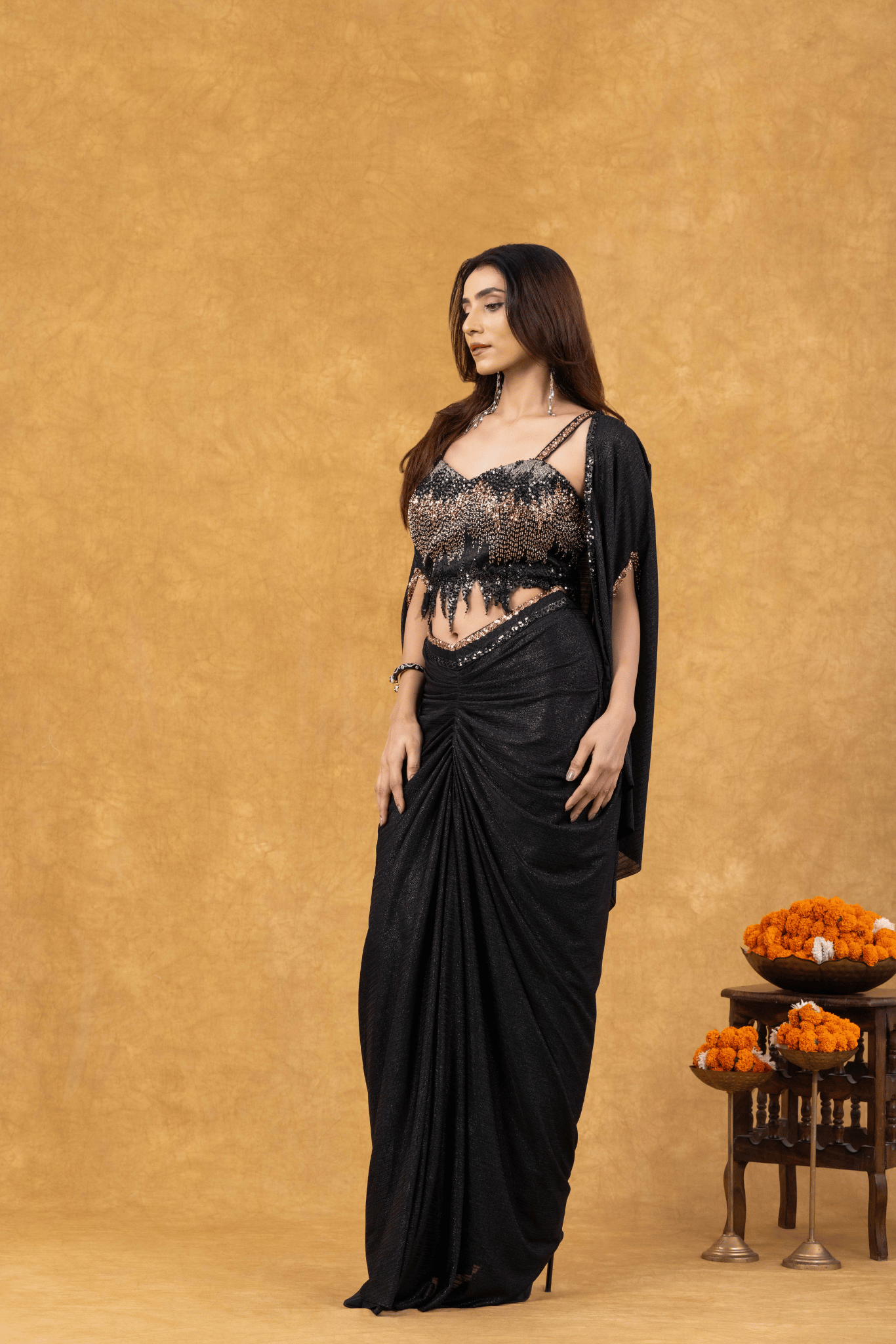 Black Mist Draped with Sequined Bustier & Cape