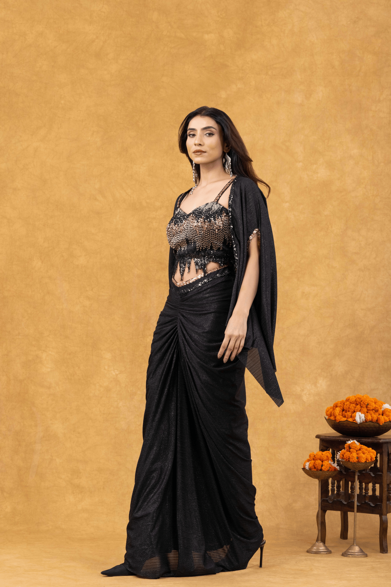 Black Mist Draped with Sequined Bustier & Cape