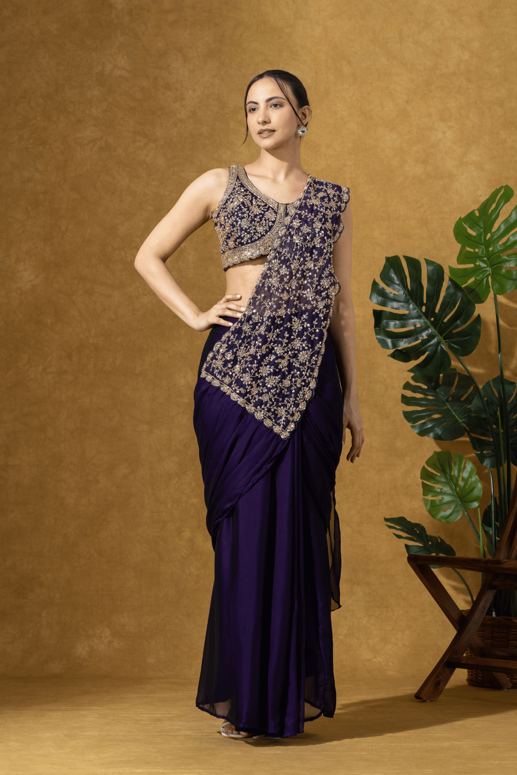 Midnight Purple Embroidered Drape Saree Set