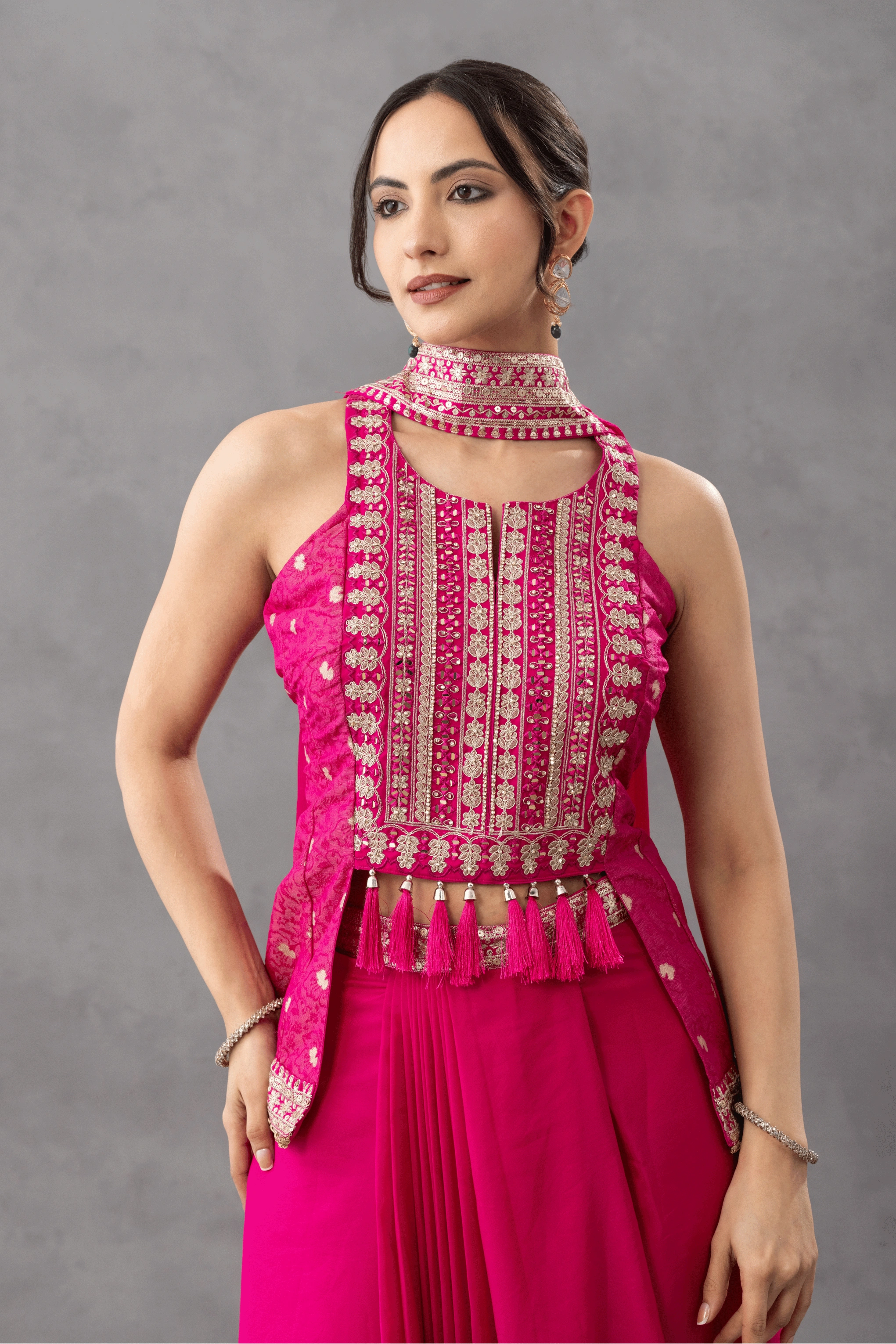 Hot Pink Embroidered Peplum Top with Draped Skirt