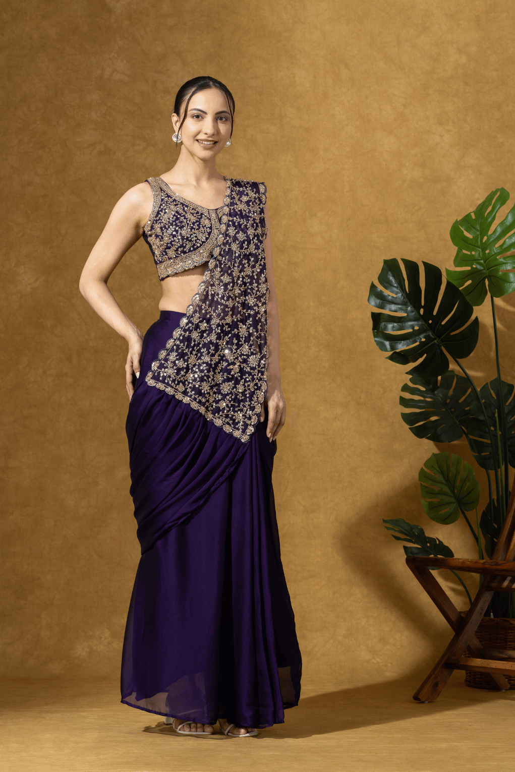 Midnight Purple Embroidered Drape Saree Set