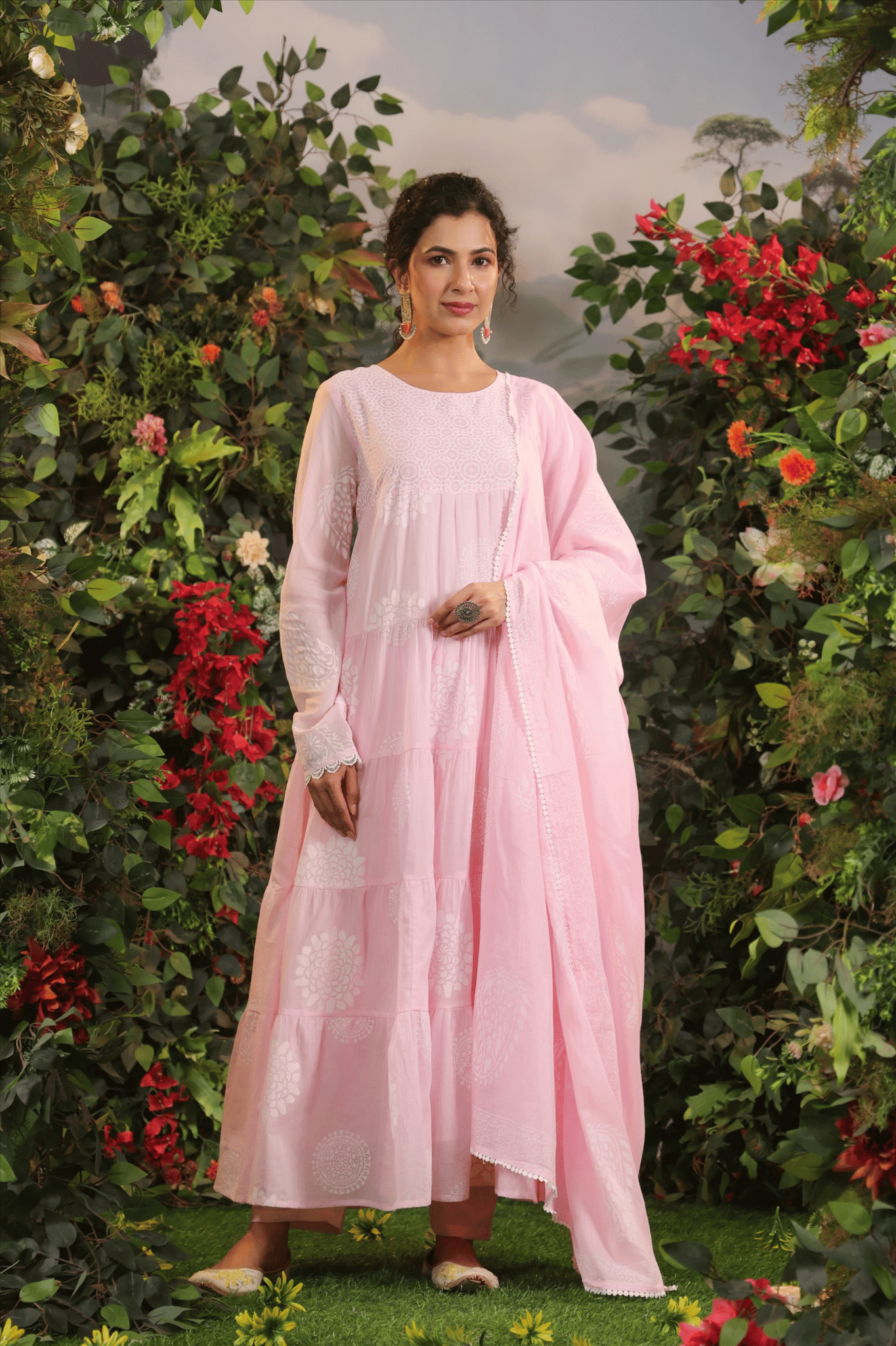 Pink Mulmul  Anarkali Suit Set