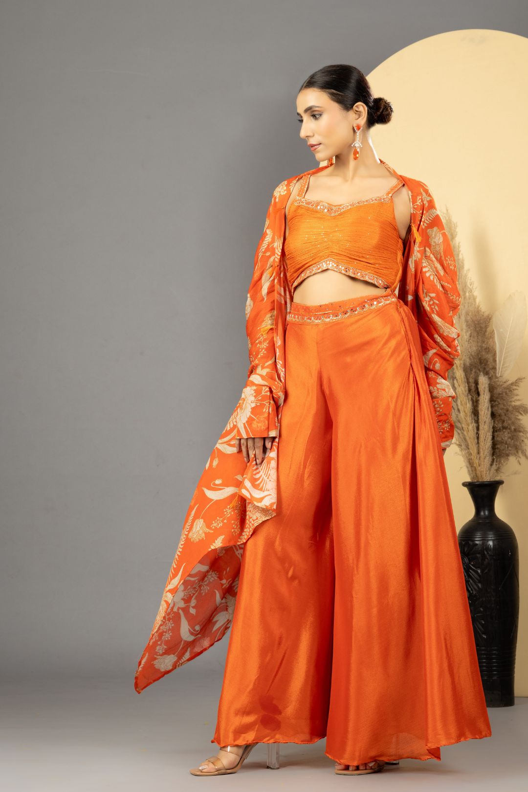 Orange Sharara with Full Sleeves Cape Set
