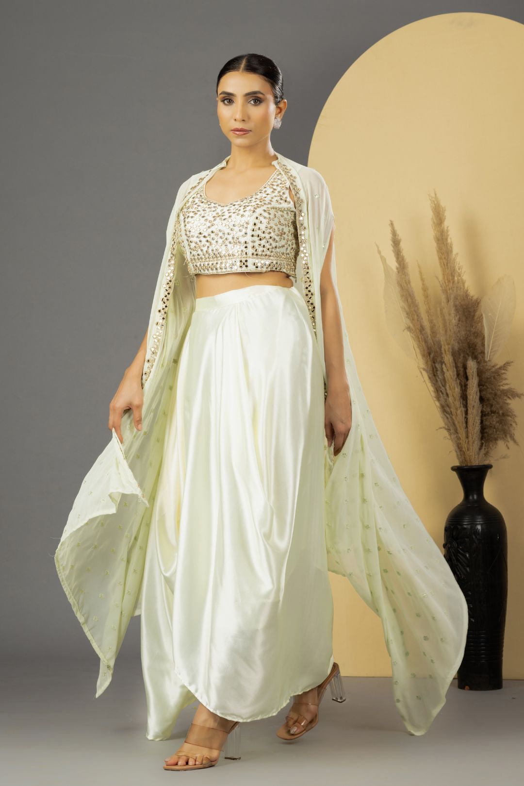 Pearl White Mirror Work Dhoti Style Set with Cape