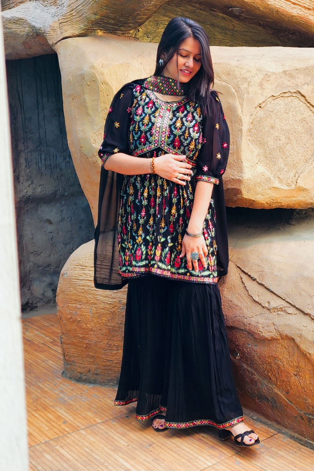Black Multi Threadwork Georgette Sharara Suit