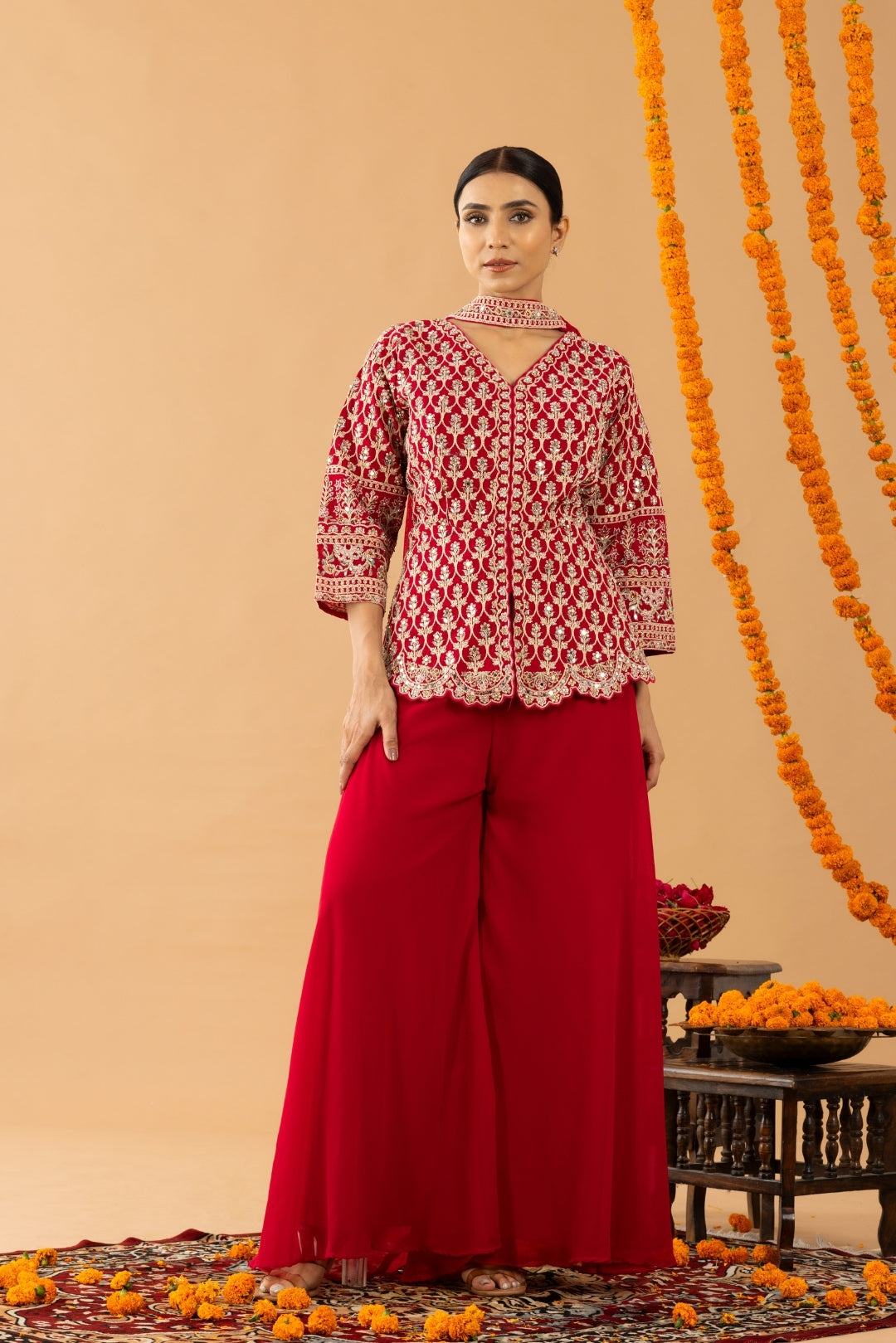 Red Sharara with Full Embroidered Top & Choker Dupatta