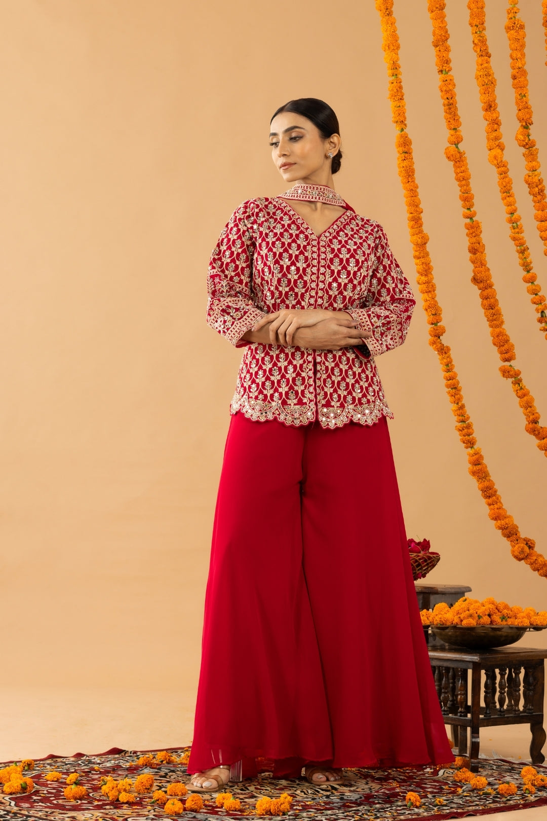 Red Sharara with Full Embroidered Top & Choker Dupatta
