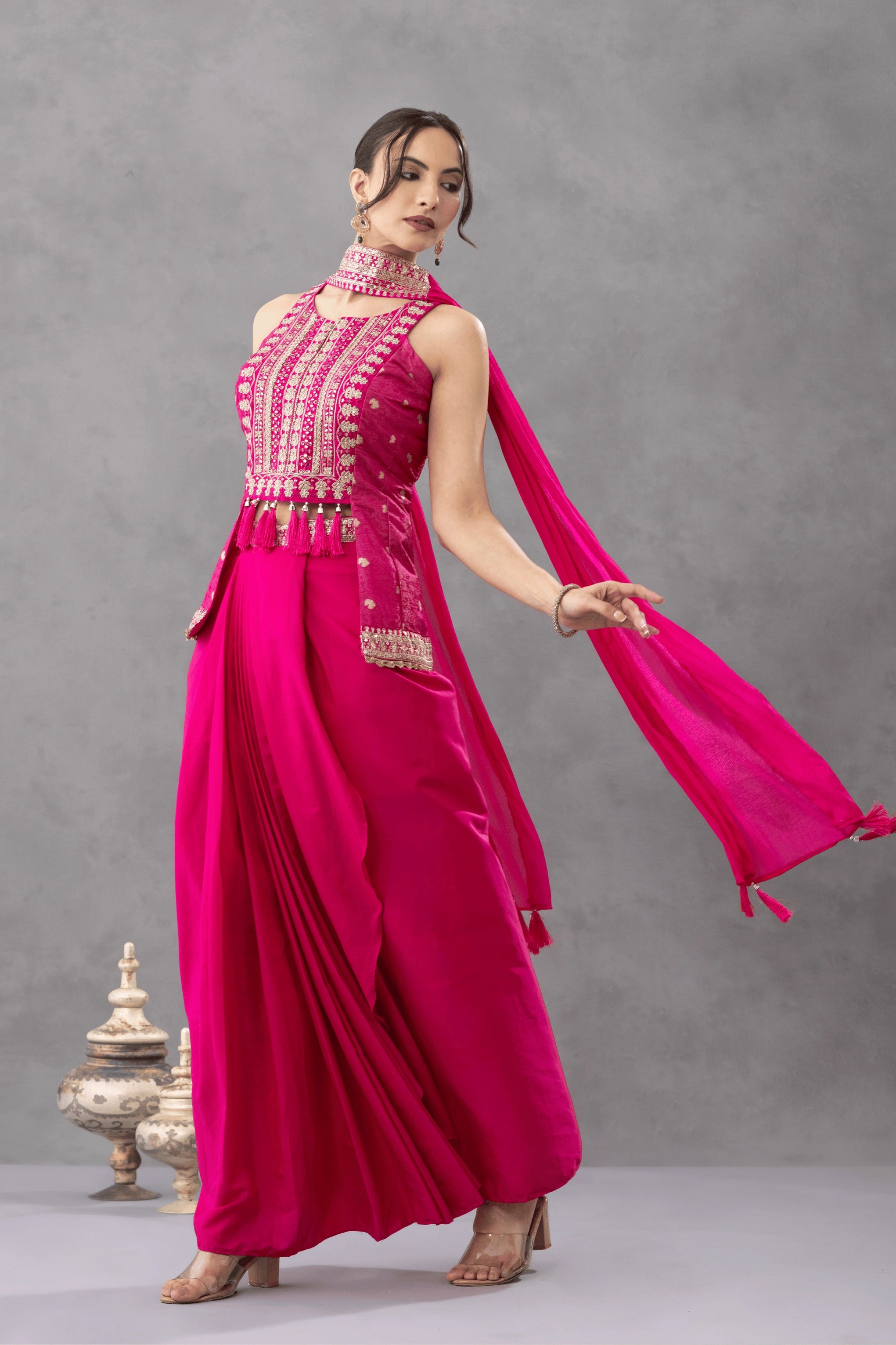 Hot Pink Embroidered Peplum Top with Draped Skirt