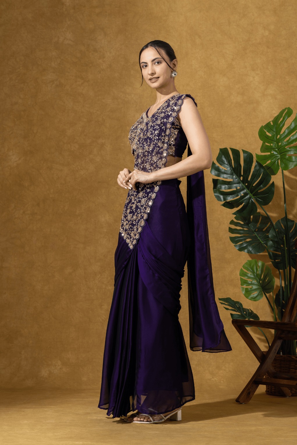 Midnight Purple Embroidered Drape Saree Set
