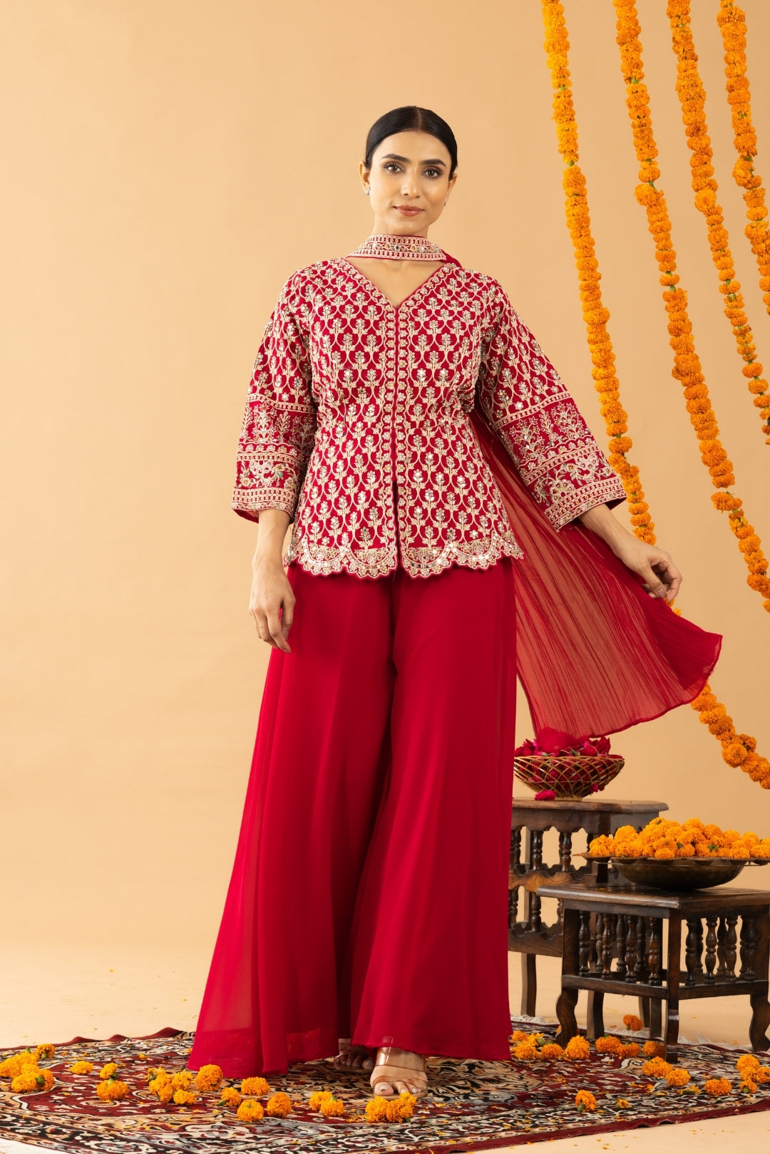 Red Sharara with Full Embroidered Top & Choker Dupatta