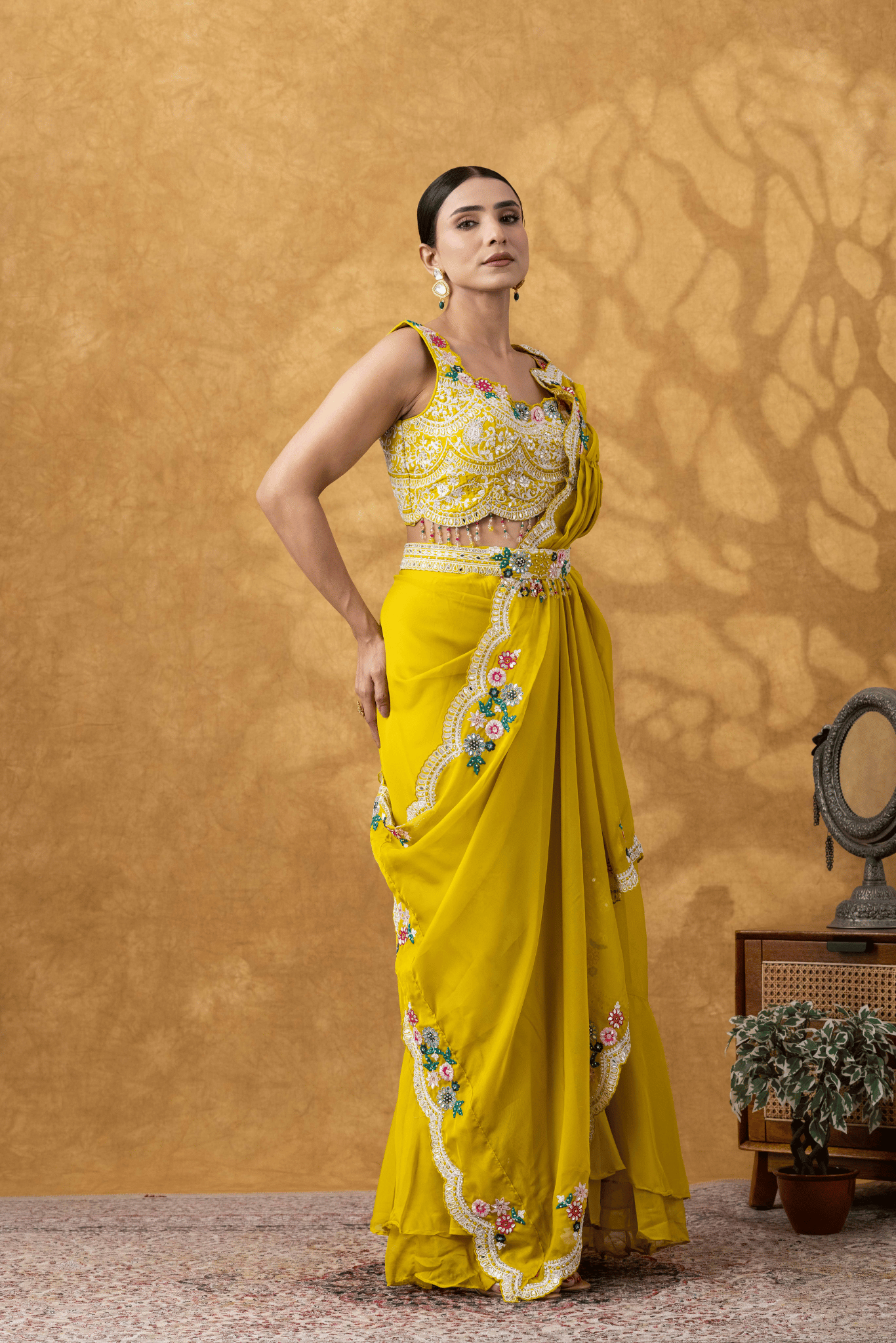 Yellow Embellished Drape Saree Set