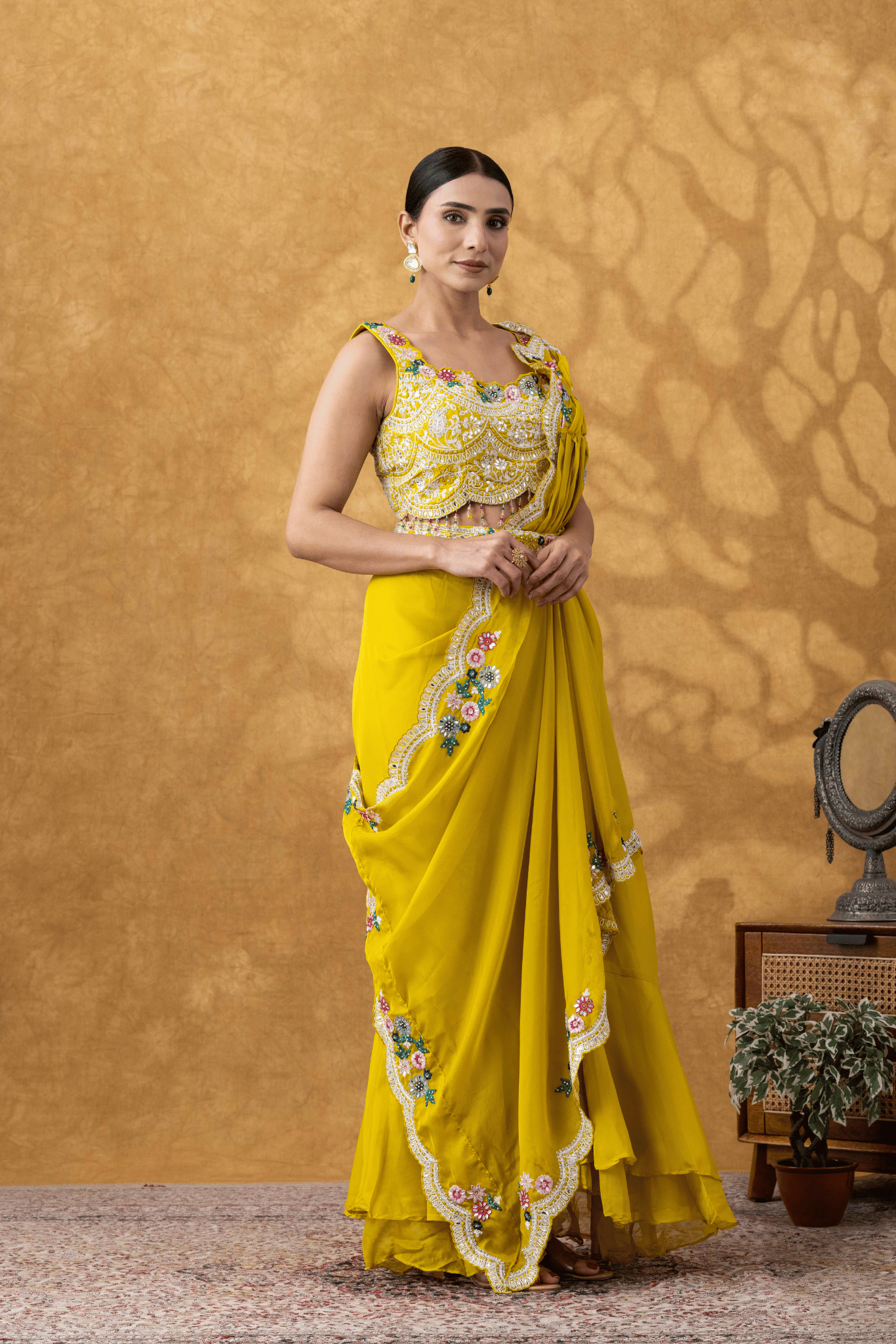 Yellow Embellished Drape Saree Set