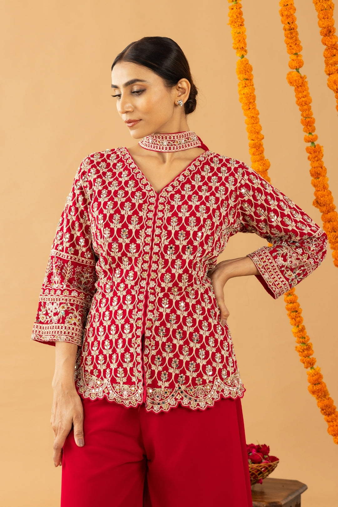 Red Sharara with Full Embroidered Top & Choker Dupatta