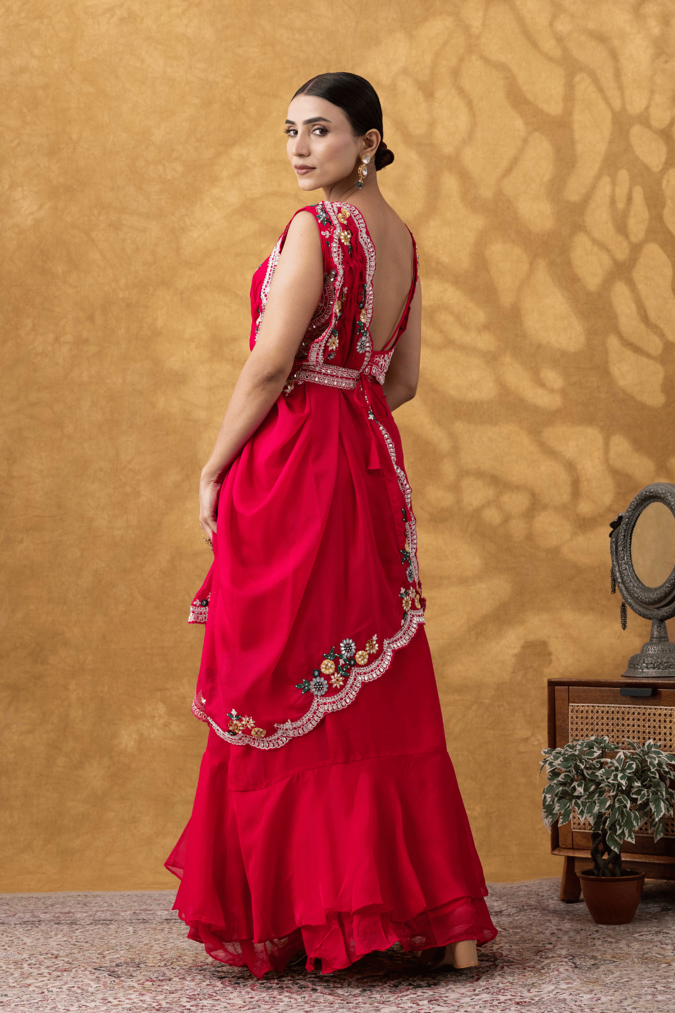 Magenta Pink Drape Saree Set