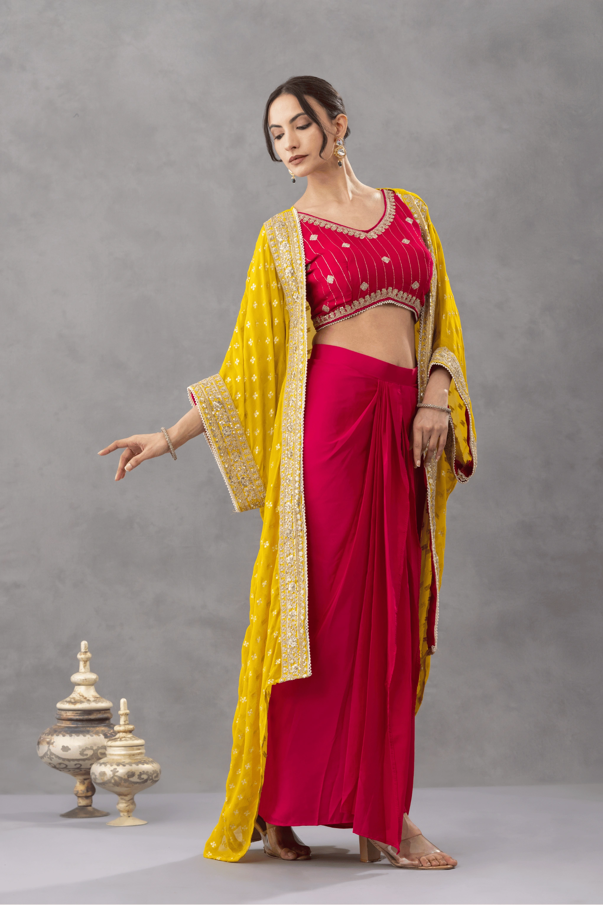 Magenta Pink Draped Skirt Set with Embellished Blouse & Yellow Cape