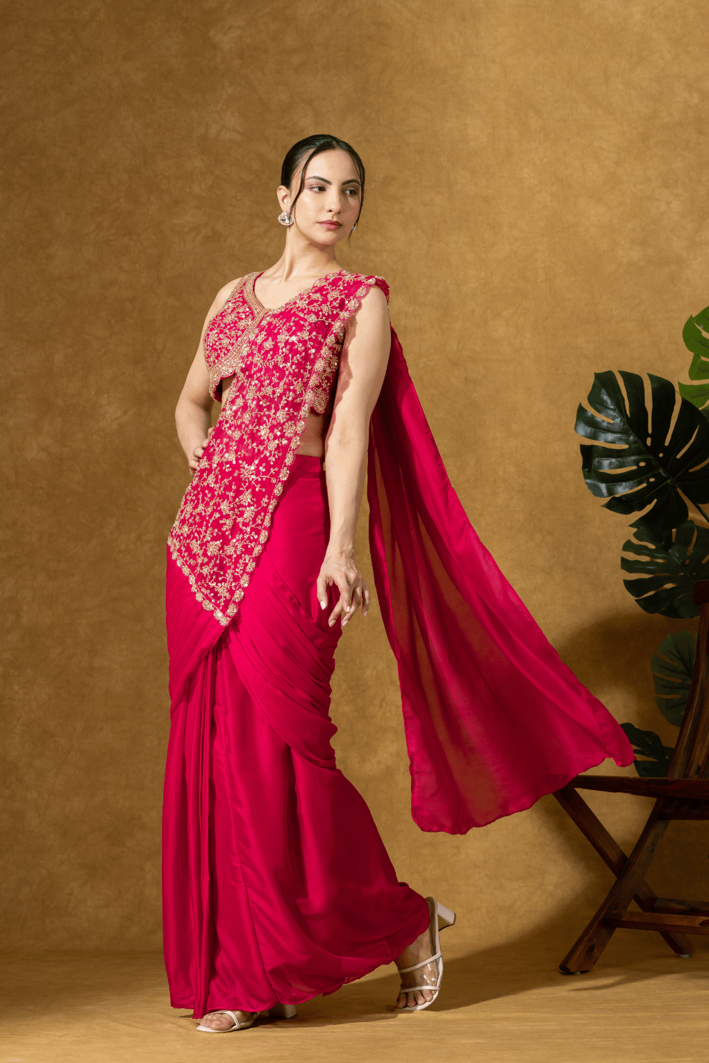 Magenta Pink Embroidered PreDrape Saree Set