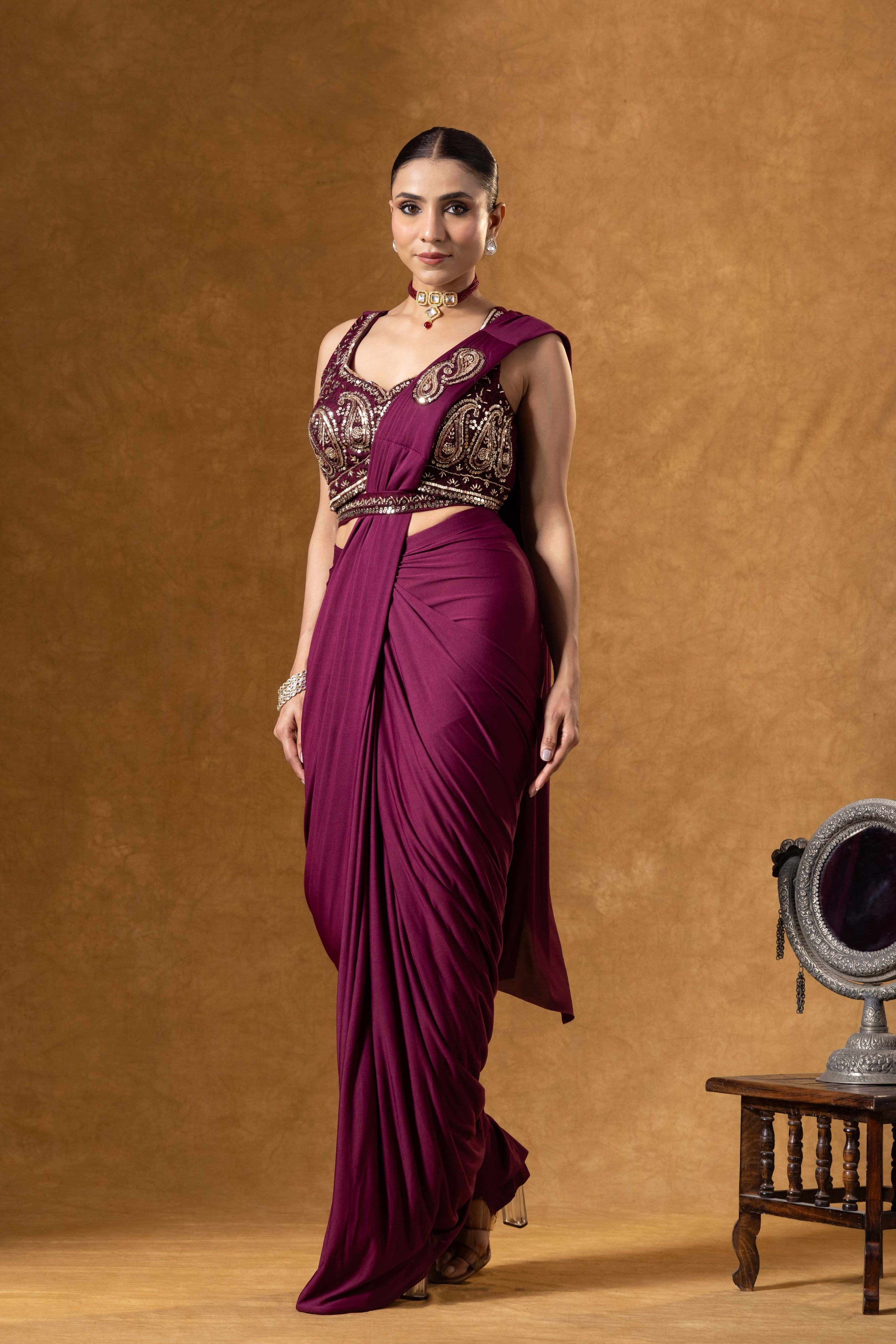 Deep Wine Draped Saree Ensemble