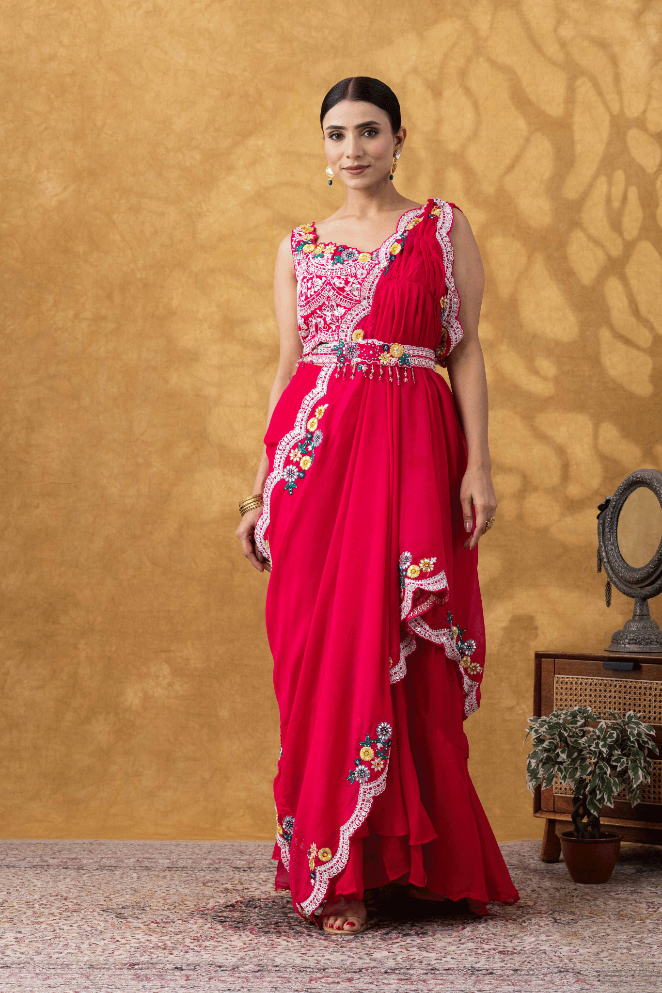 Magenta Pink Drape Saree Set