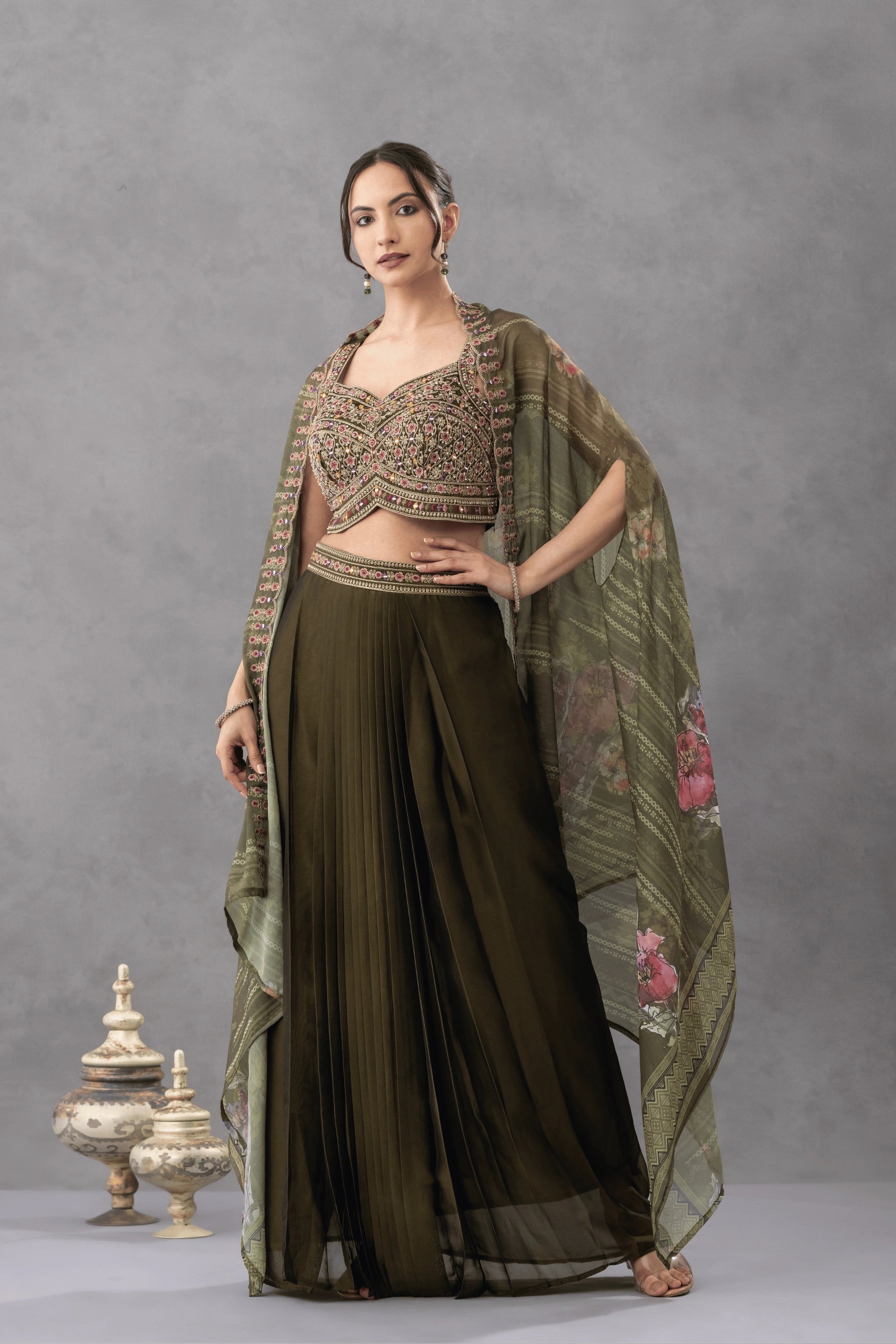 Deep Olive Green Skirt Cape set