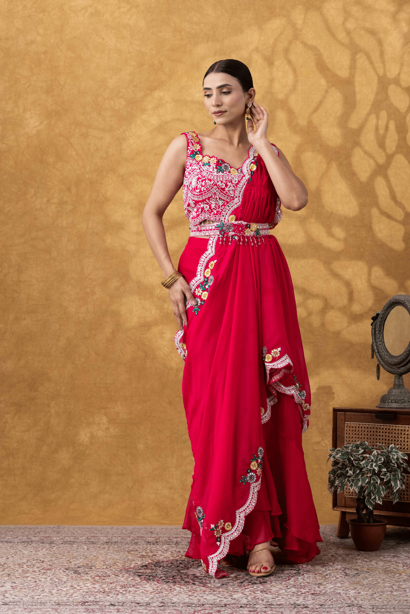 Magenta Pink Drape Saree Set