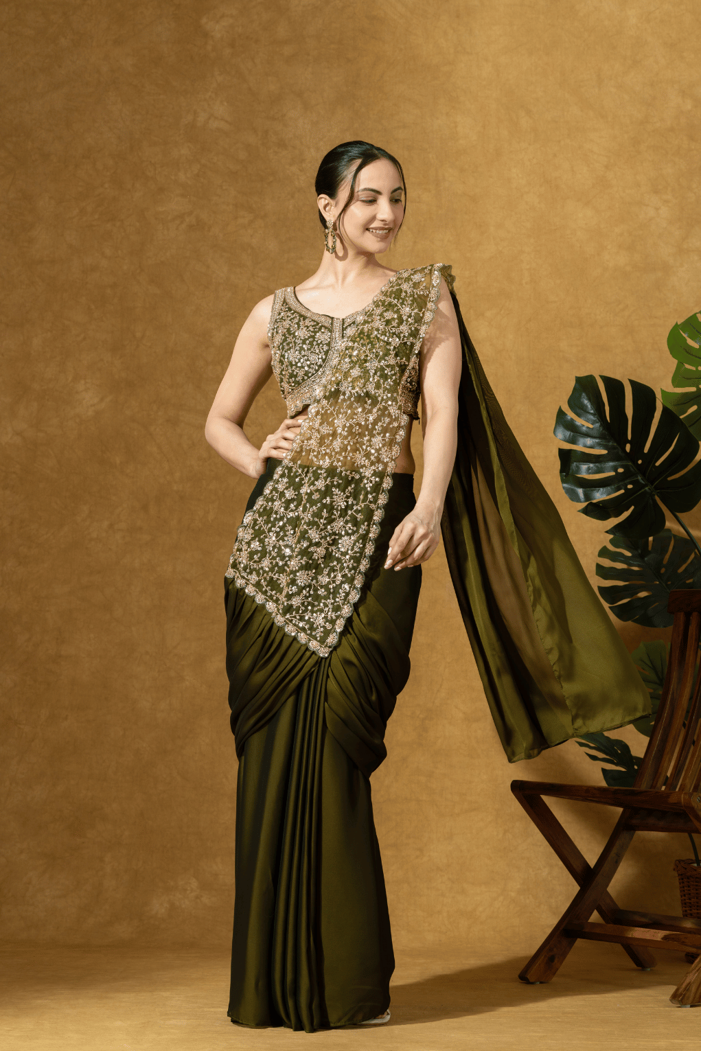 Olive Green Embroidered PreDrape Saree Set