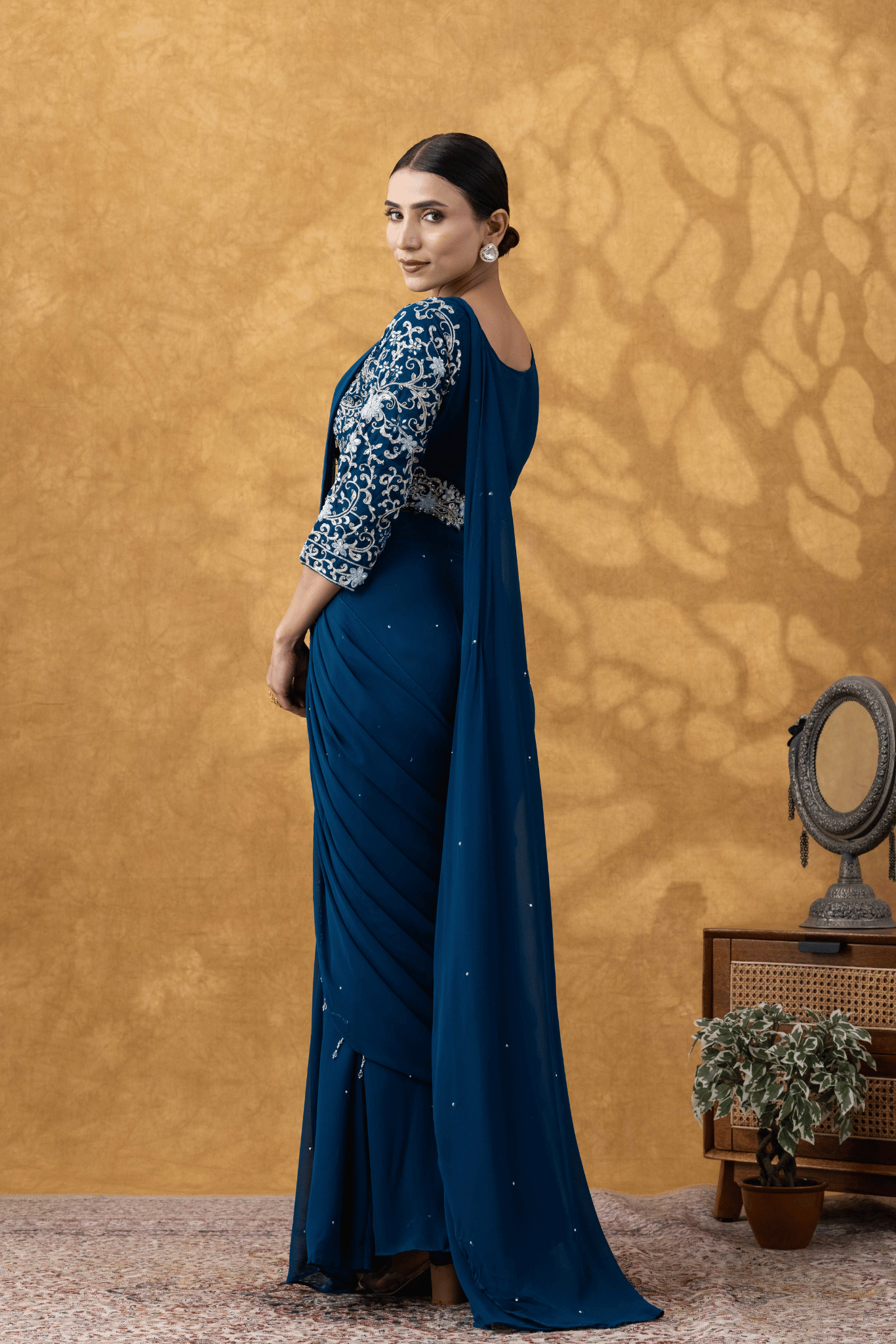 Teal Blue Embroidered Ready To Wear Saree Set