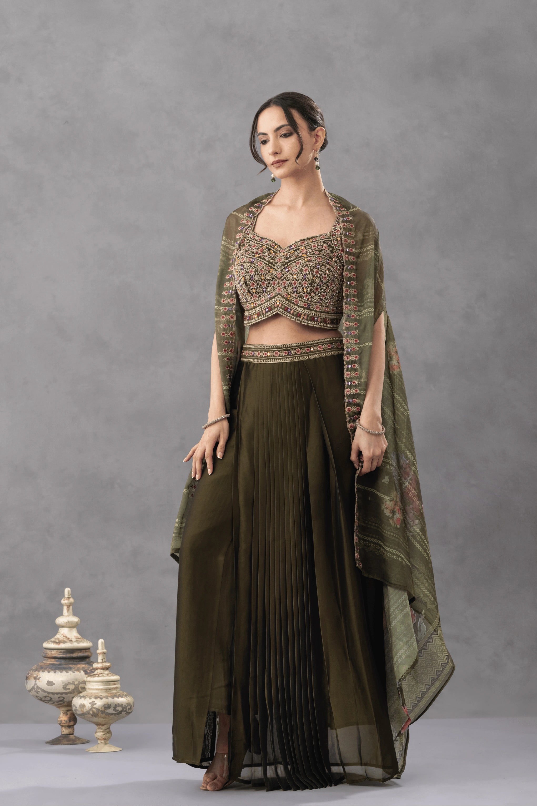 Deep Olive Green Skirt Cape set