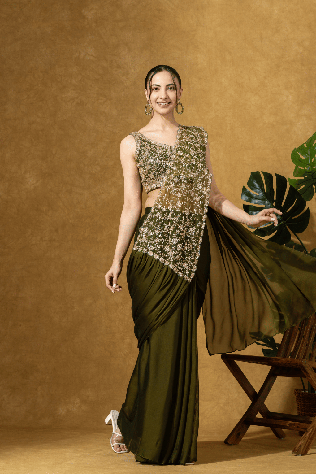 Olive Green Embroidered PreDrape Saree Set