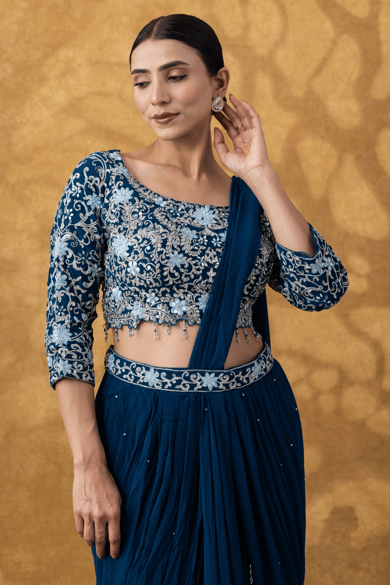 Teal Blue Embroidered Ready To Wear Saree Set