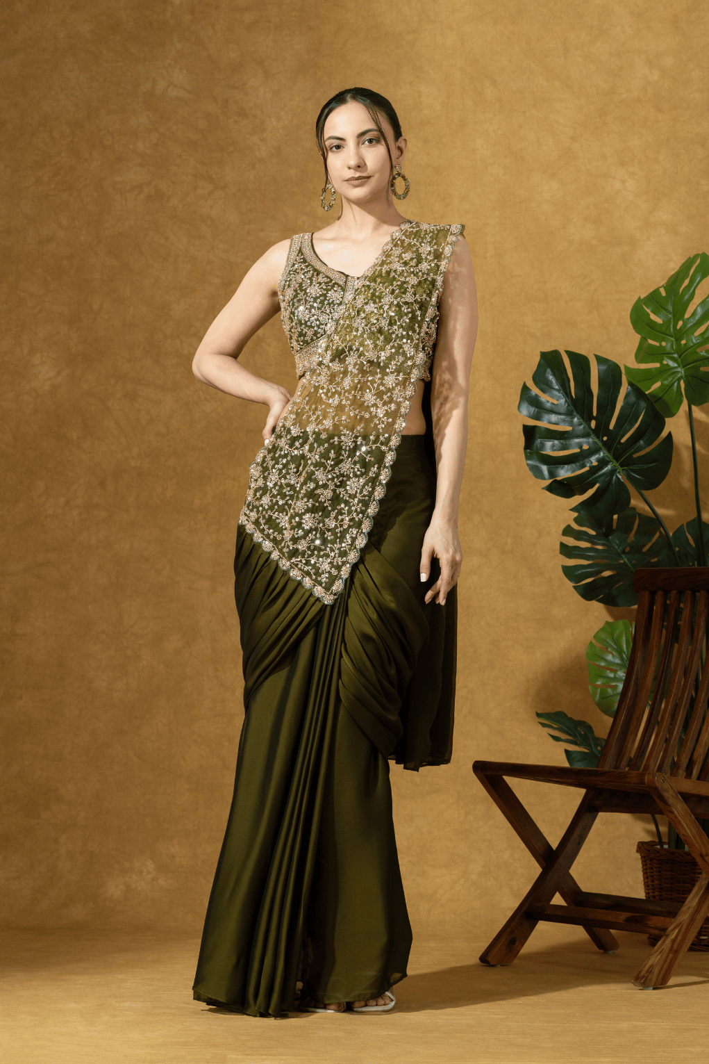 Olive Green Embroidered PreDrape Saree Set