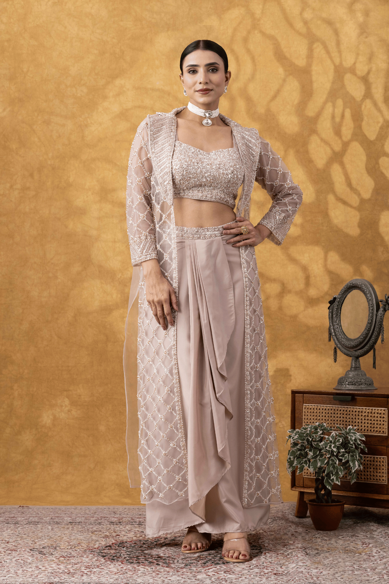 Nude Champagne Embellished Jacket & Drape Skirt Set