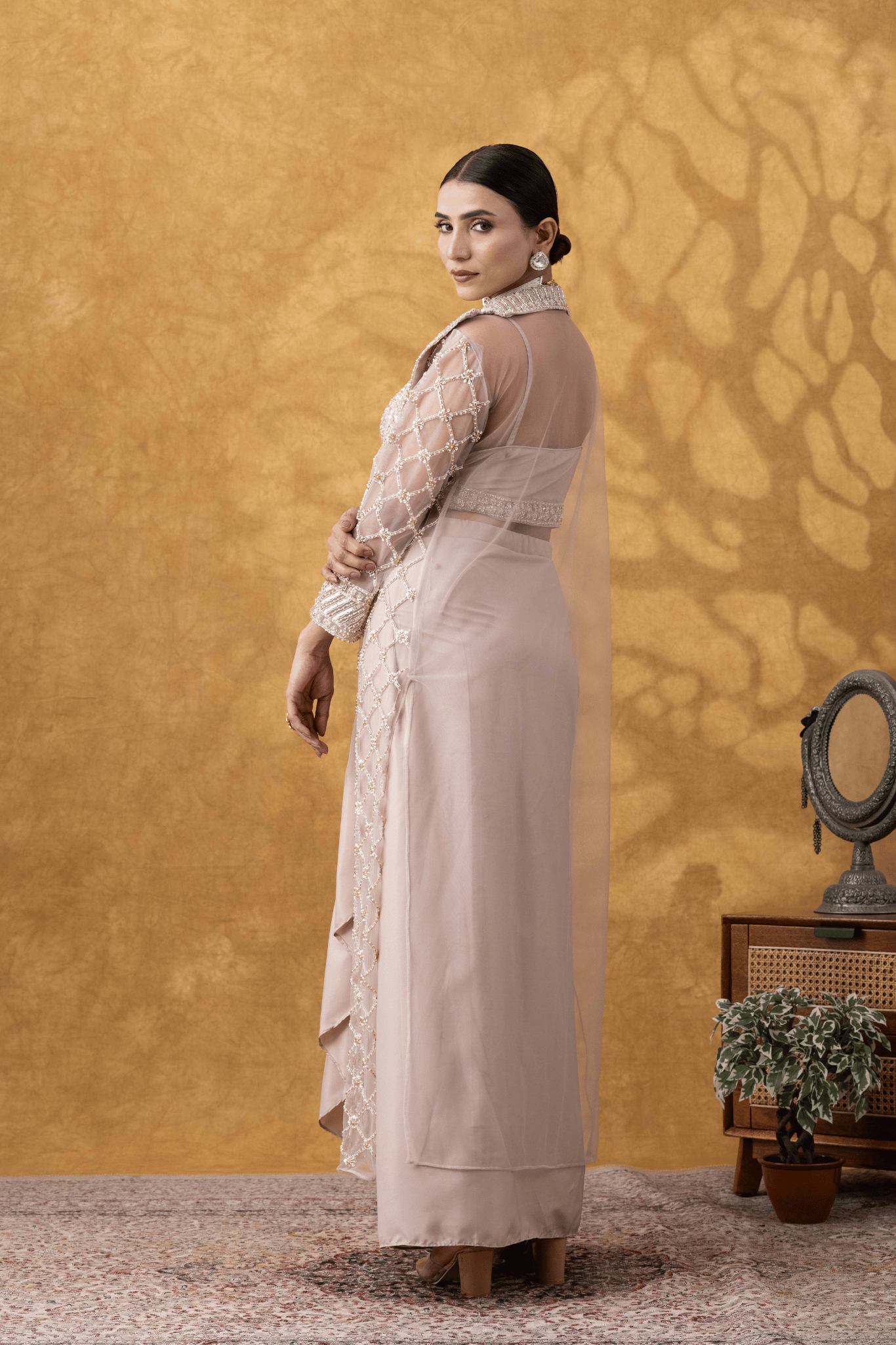 Nude Champagne Embellished Jacket & Drape Skirt Set